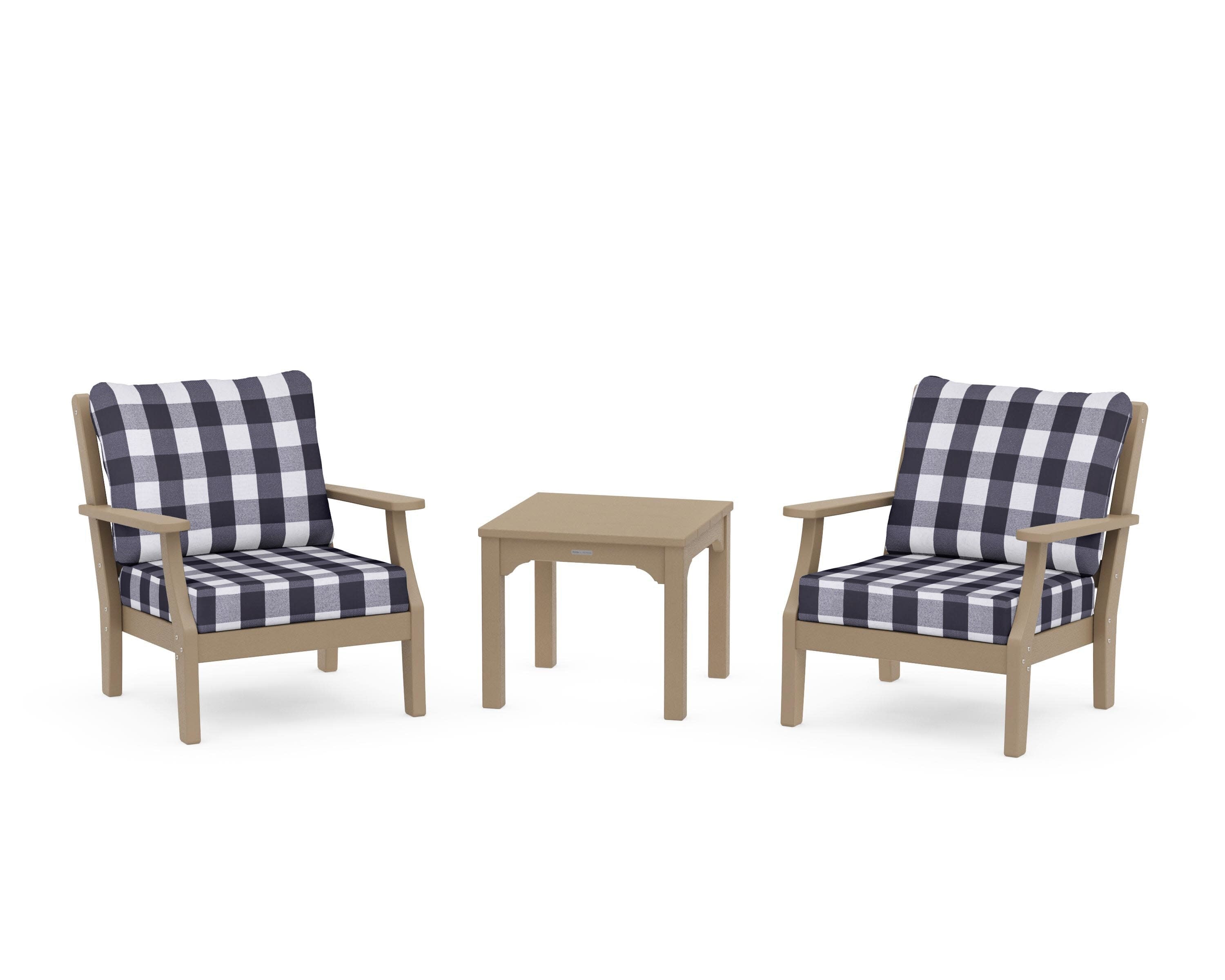 Chinoiserie 3-Piece Deep Seating Set in Vintage Sahara / Buffalo Plaid Navy