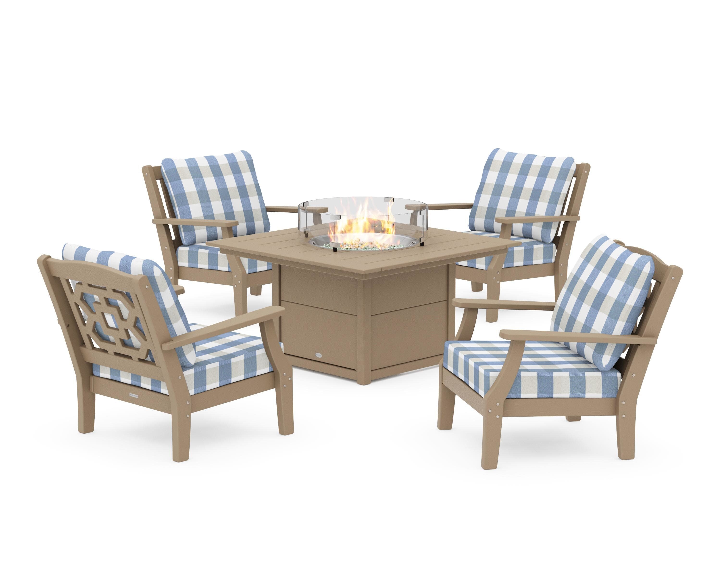 Chinoiserie 5-Piece Deep Seating Set with Fire Pit Table in Vintage Sahara / Buffalo Plaid Sky Blue