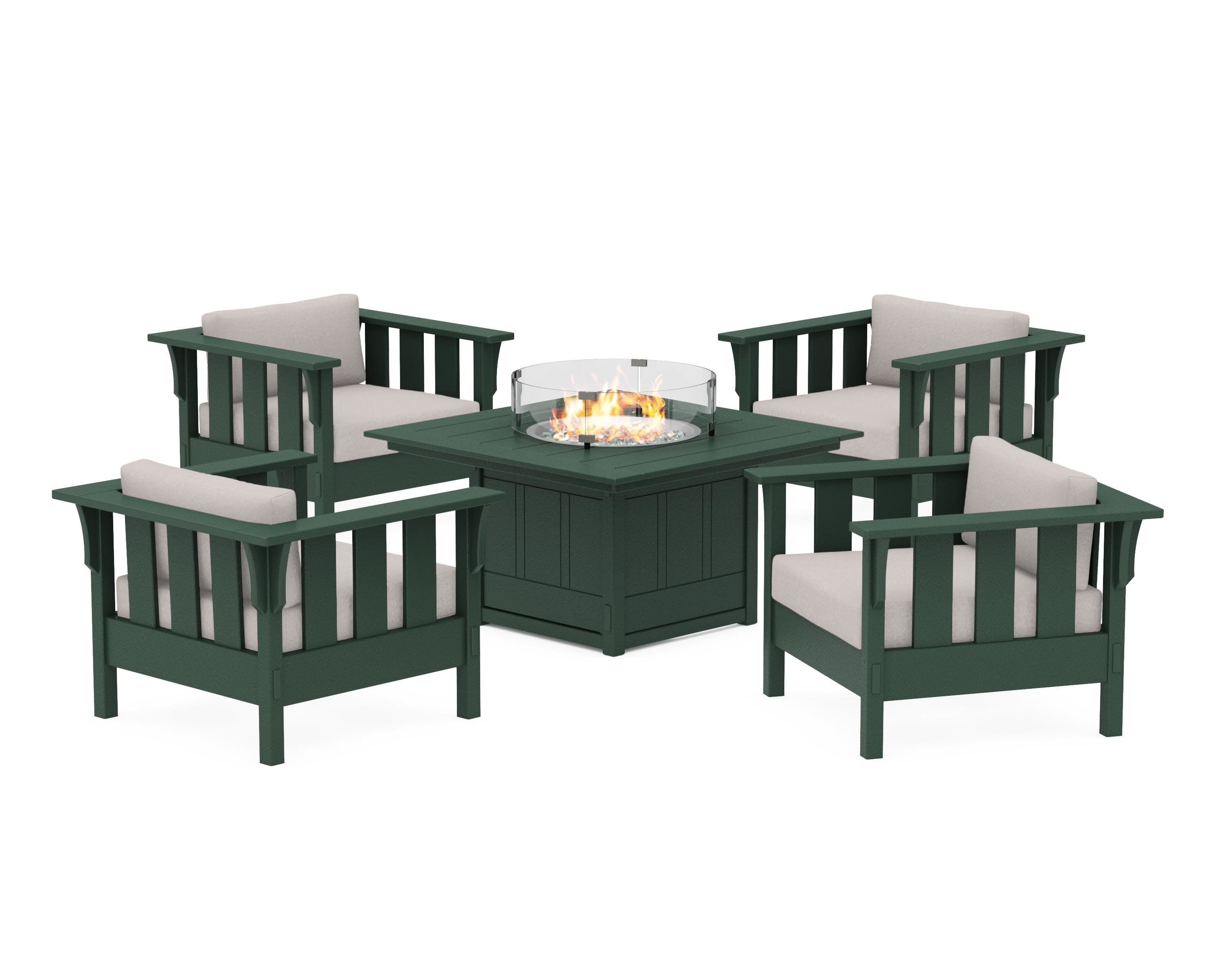 Acadia 5-Piece Deep Seating Set with Fire Pit Table in Green / Dune Burlap