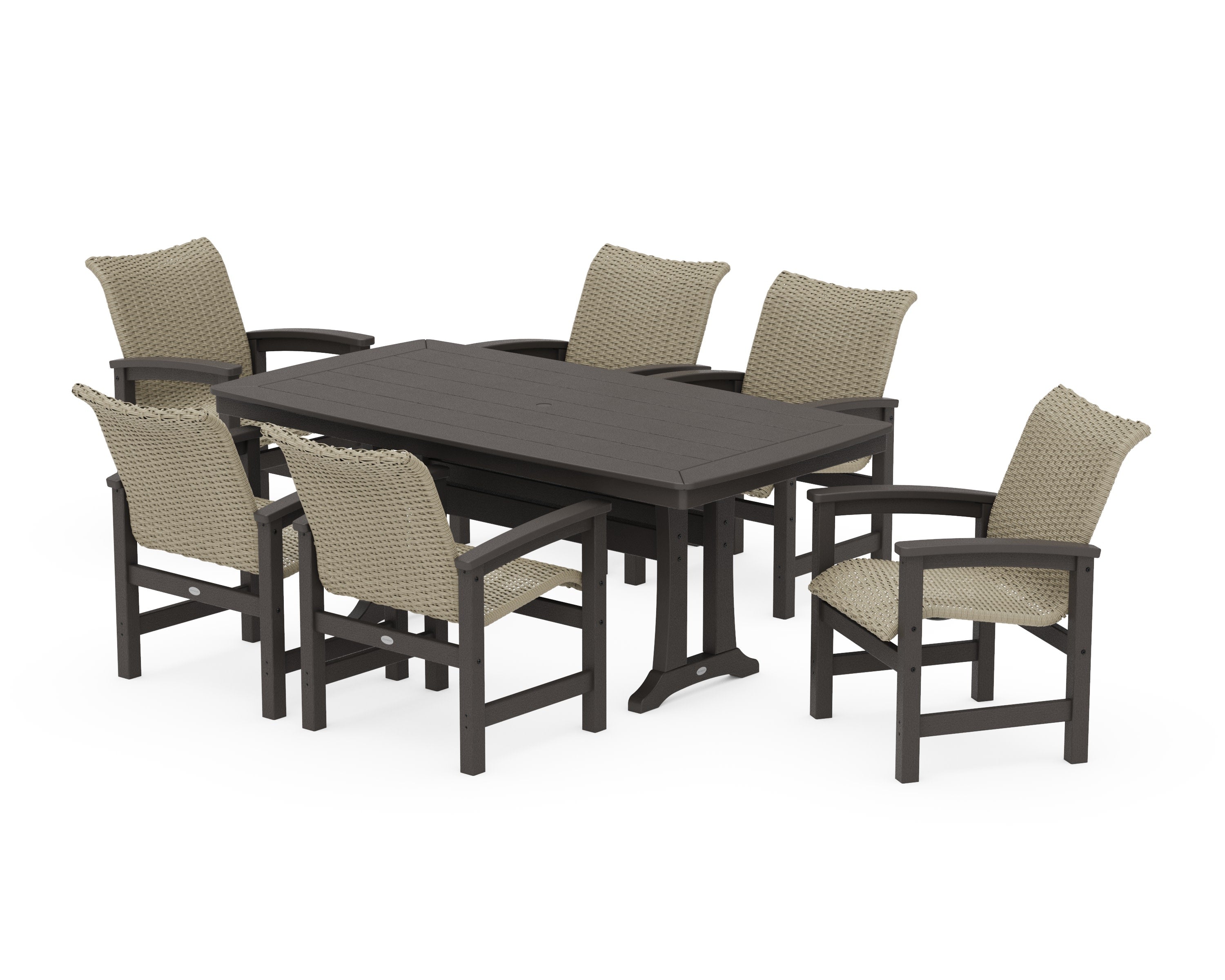 Coastal Woven Arm Chair 7-Piece Dining Set with Trestle Legs in Vintage Coffee / Dune Grass