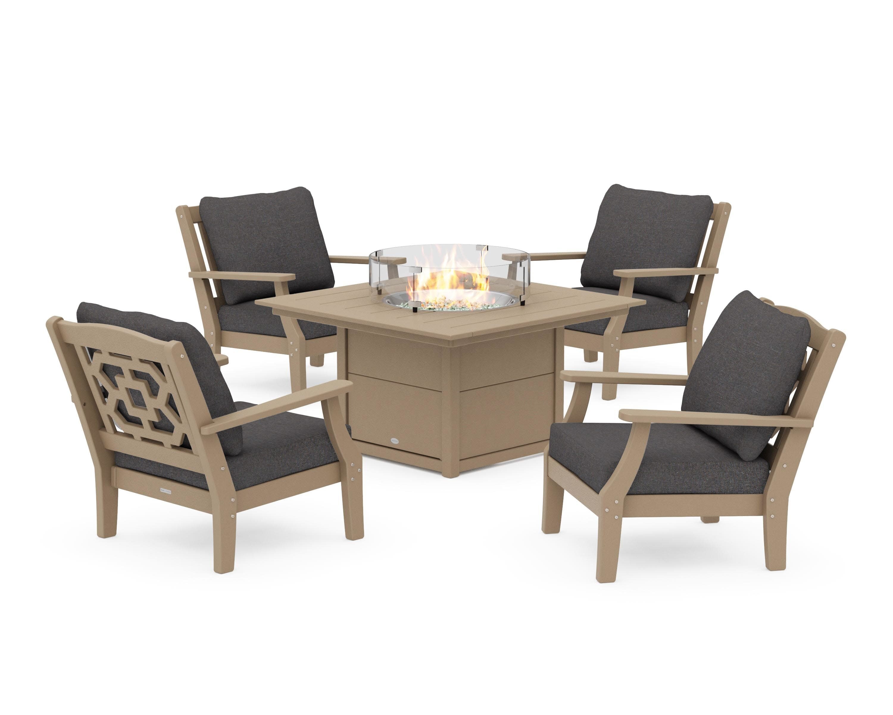 Chinoiserie 5-Piece Deep Seating Set with Fire Pit Table in Vintage Sahara / Ash Charcoal