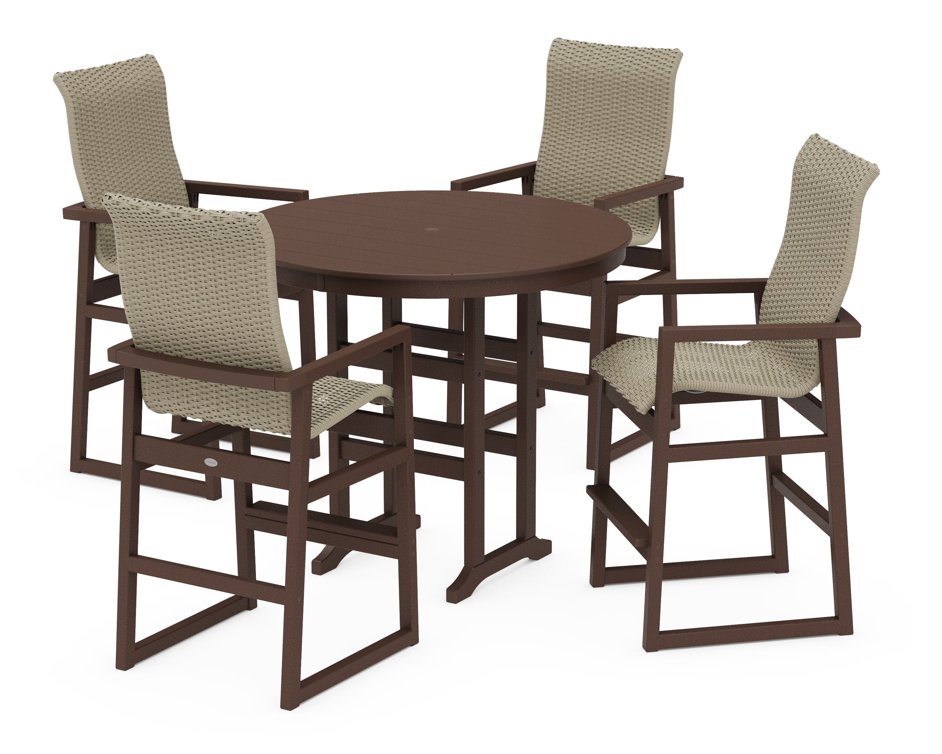 EDGE Woven Highback 5-Piece Round Farmhouse Bar Set in Mahogany / Dune Grass