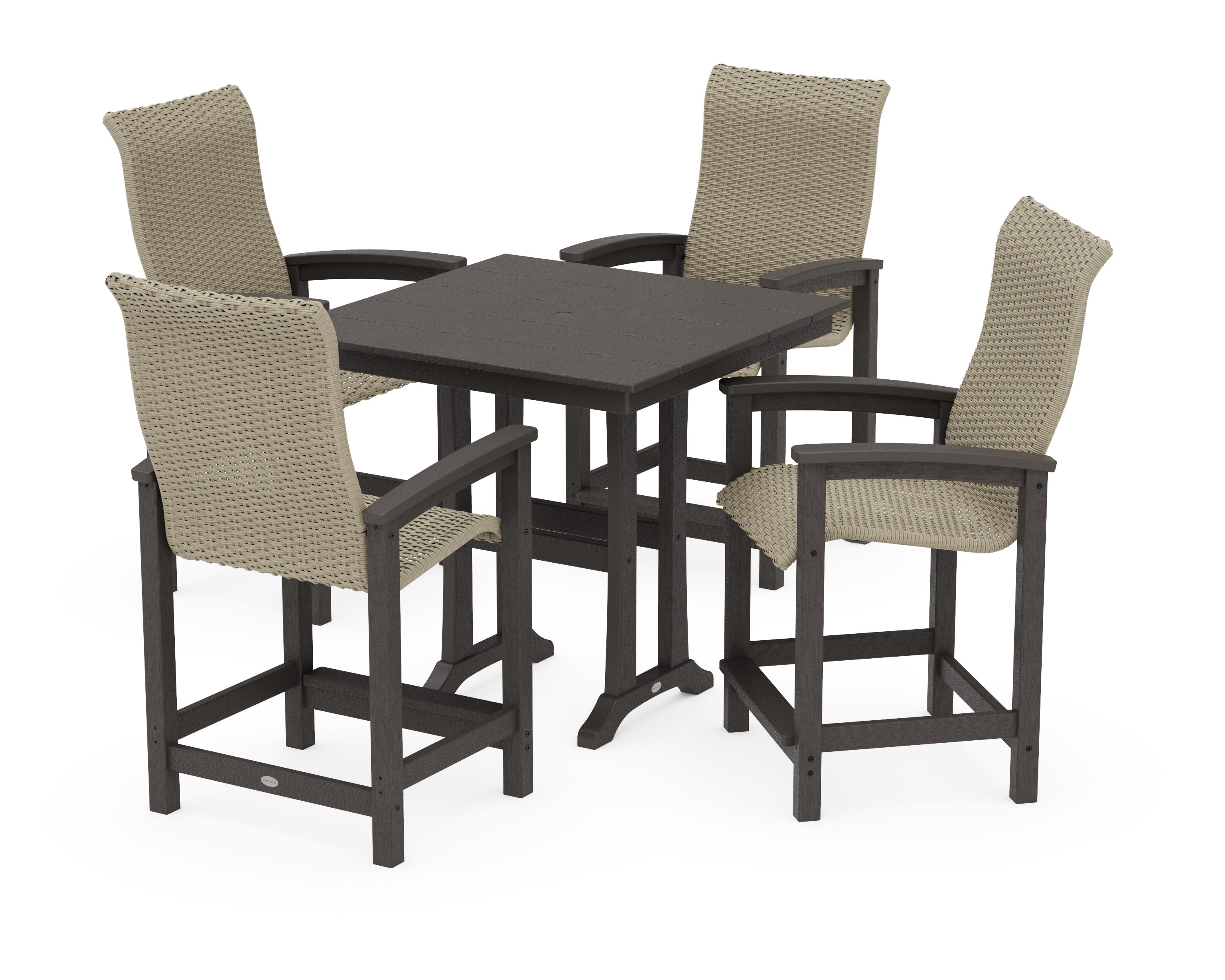 Coastal Woven High-Back 5-Piece Farmhouse Counter Set with Trestle Legs in Vintage Coffee / Dune Grass