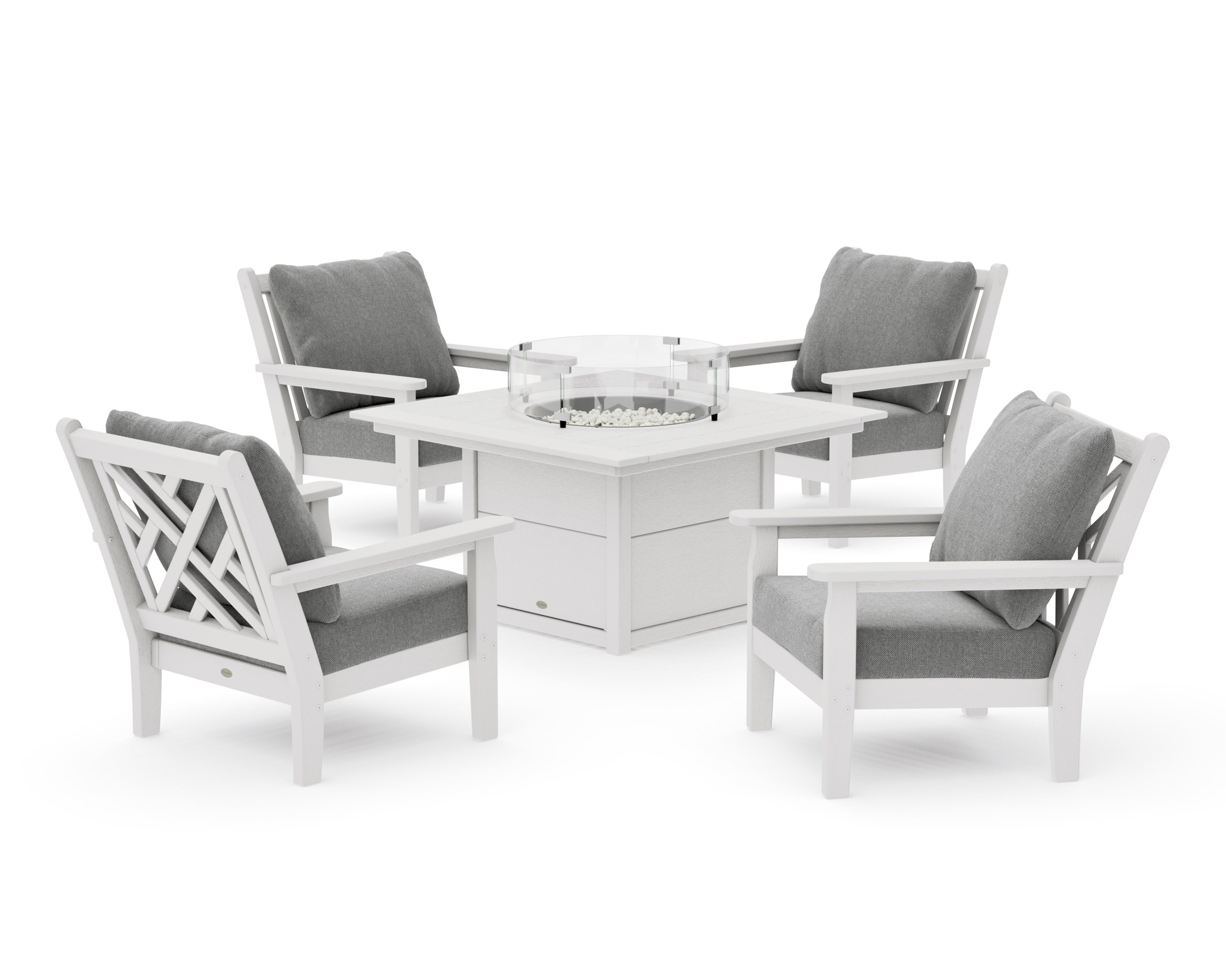 Chippendale 5-Piece Deep Seating Set with Fire Pit Table in Vintage White / Grey Mist