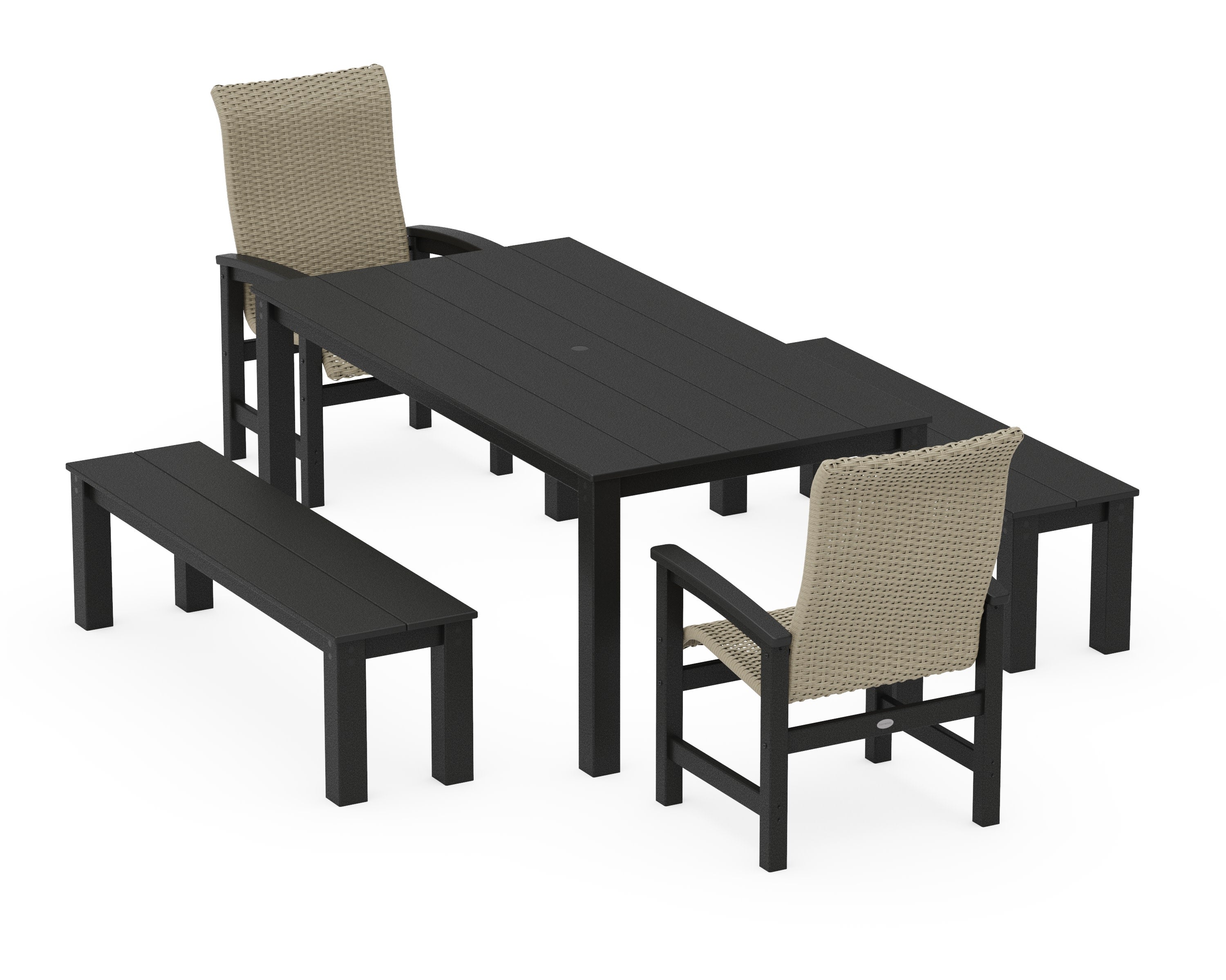 Coastal Woven High-Back 5-Piece Parsons Dining Set with Benches in Black / Dune Grass