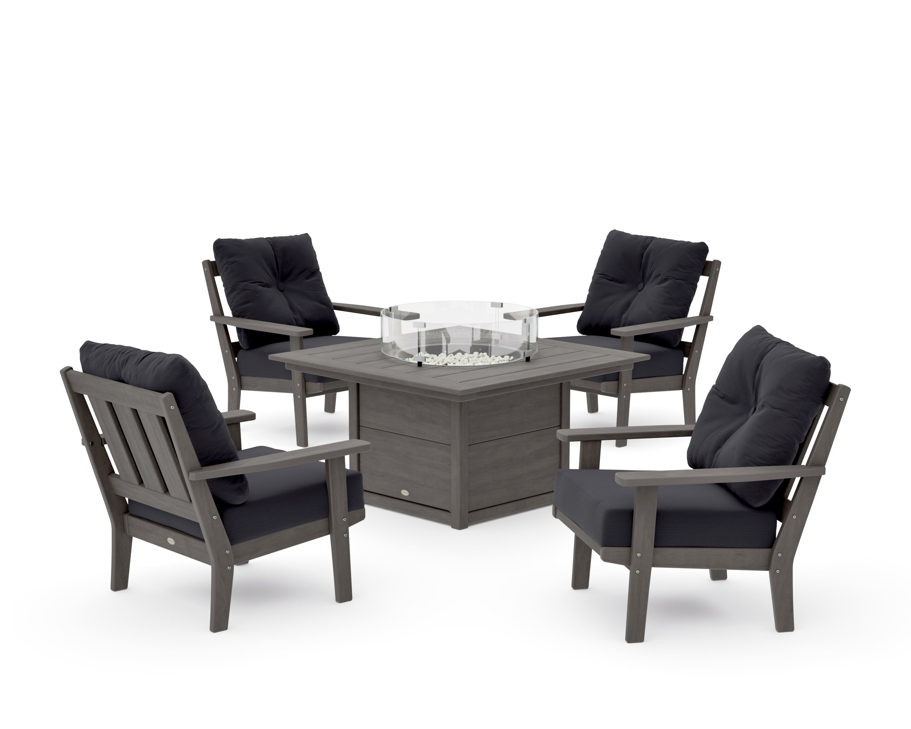 Oxford 5-Piece Deep Seating Set with Fire Pit Table in Driftwood / Midnight Linen