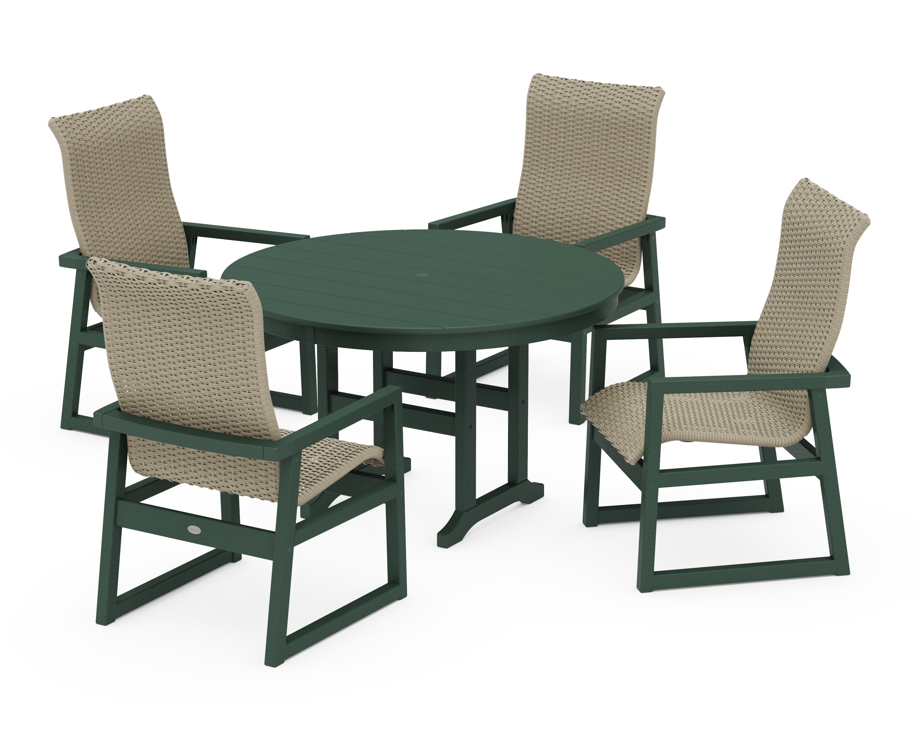 EDGE Woven Highback 5-Piece Round Farmhouse Dining Set in Green / Dune Grass