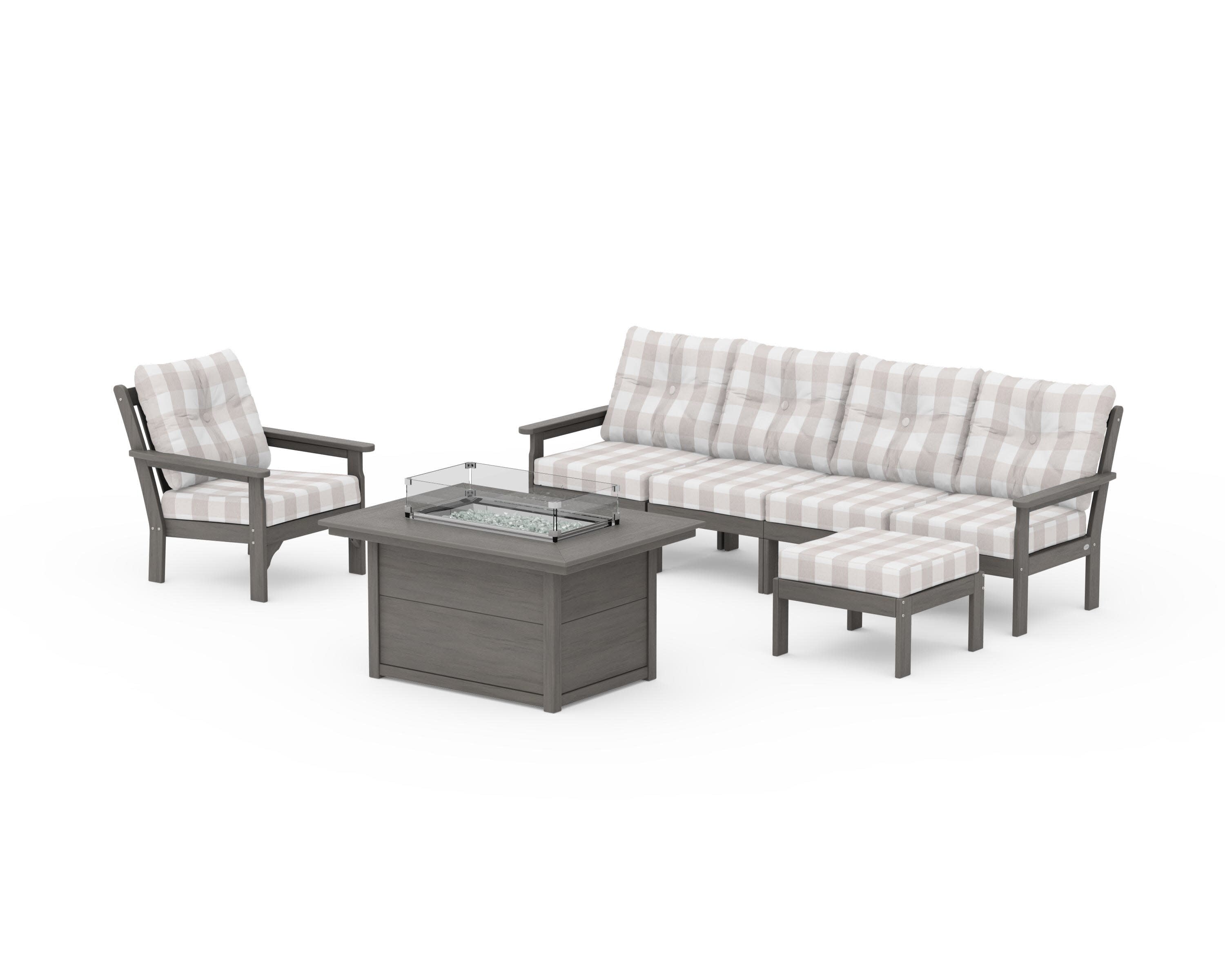 Vineyard Sectional Lounge and Fire Pit Set in Driftwood / Buffalo Plaid Dune Burlap