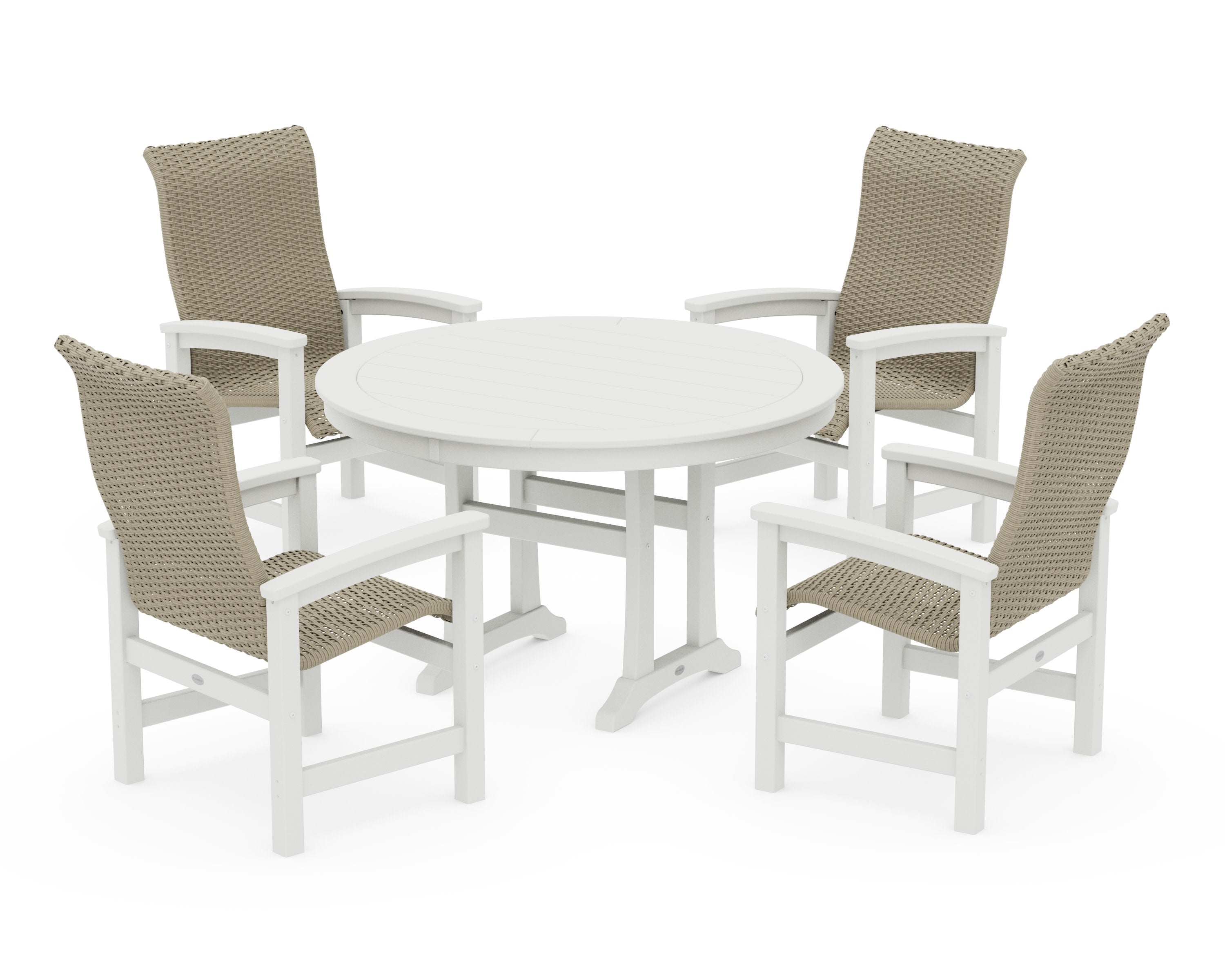 Coastal Woven High-Back 5-Piece Round Dining Set with Trestle Legs in Vintage White / Dune Grass