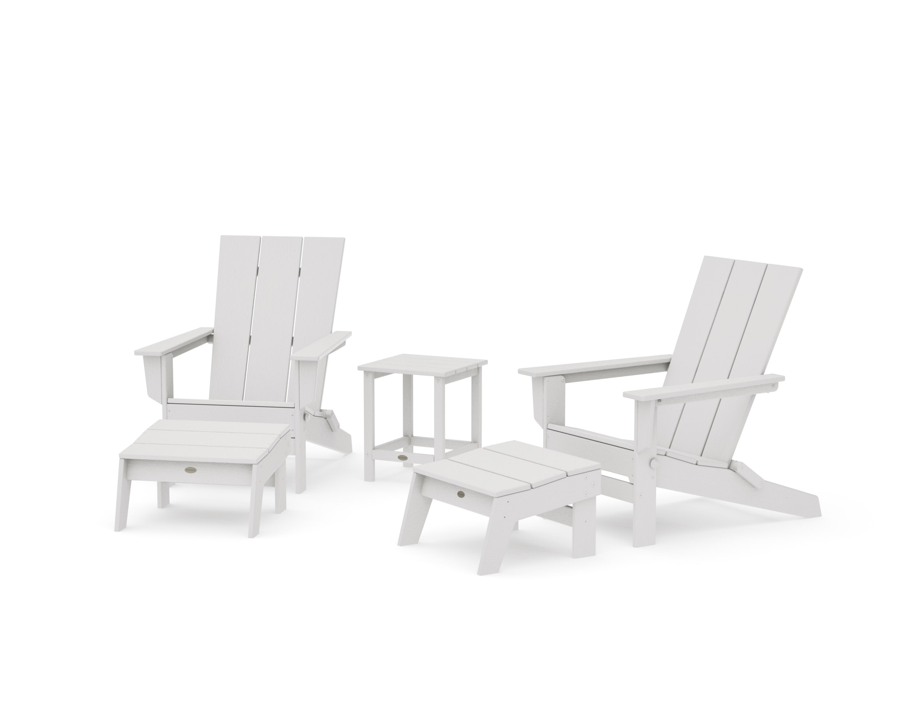 5-Piece Modern Studio Folding Adirondack Set with Ottomans and Side Table in Vintage White