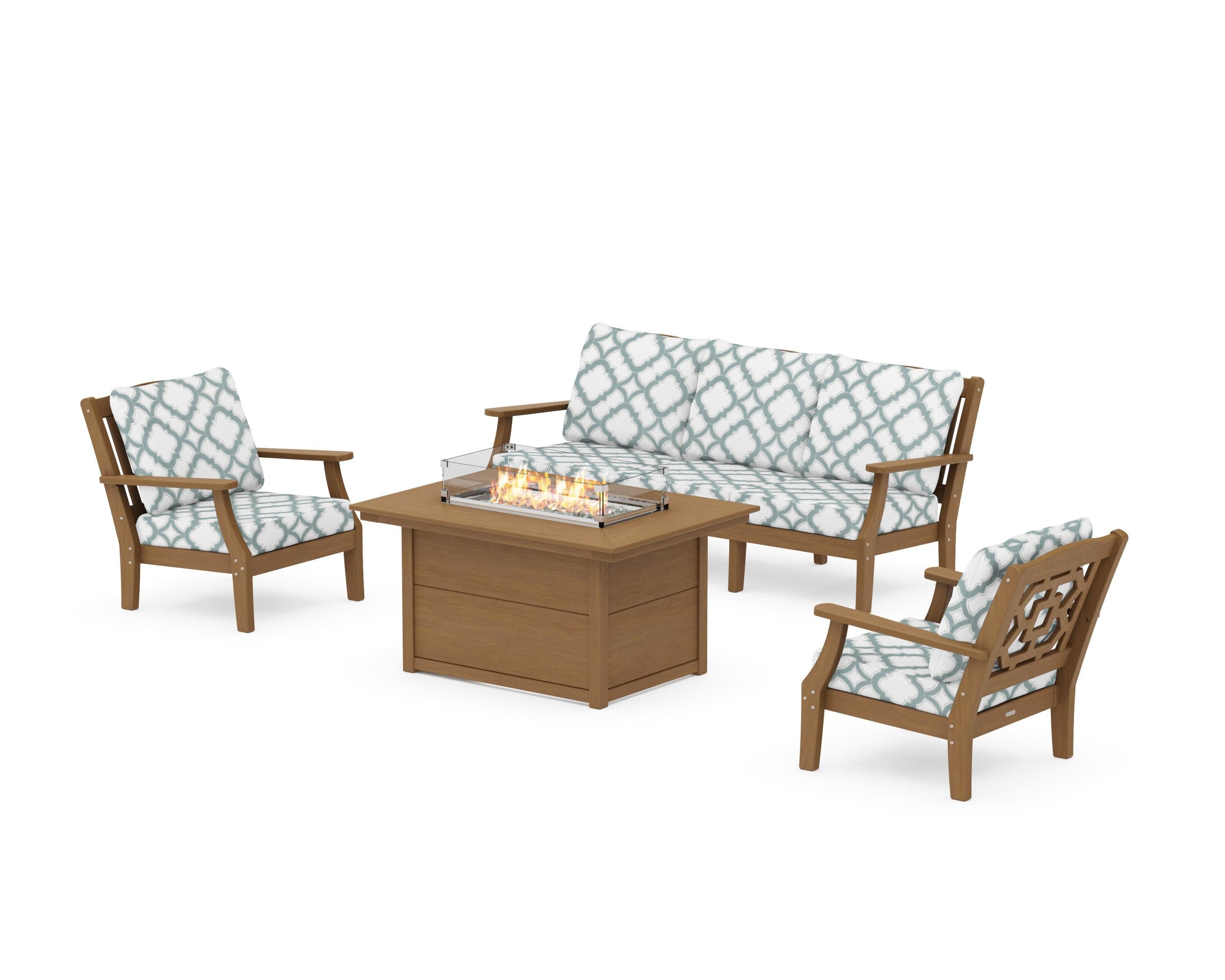 Chinoiserie Deep Seating Fire Pit Table Set in Natural / Trellis Glacier Spa