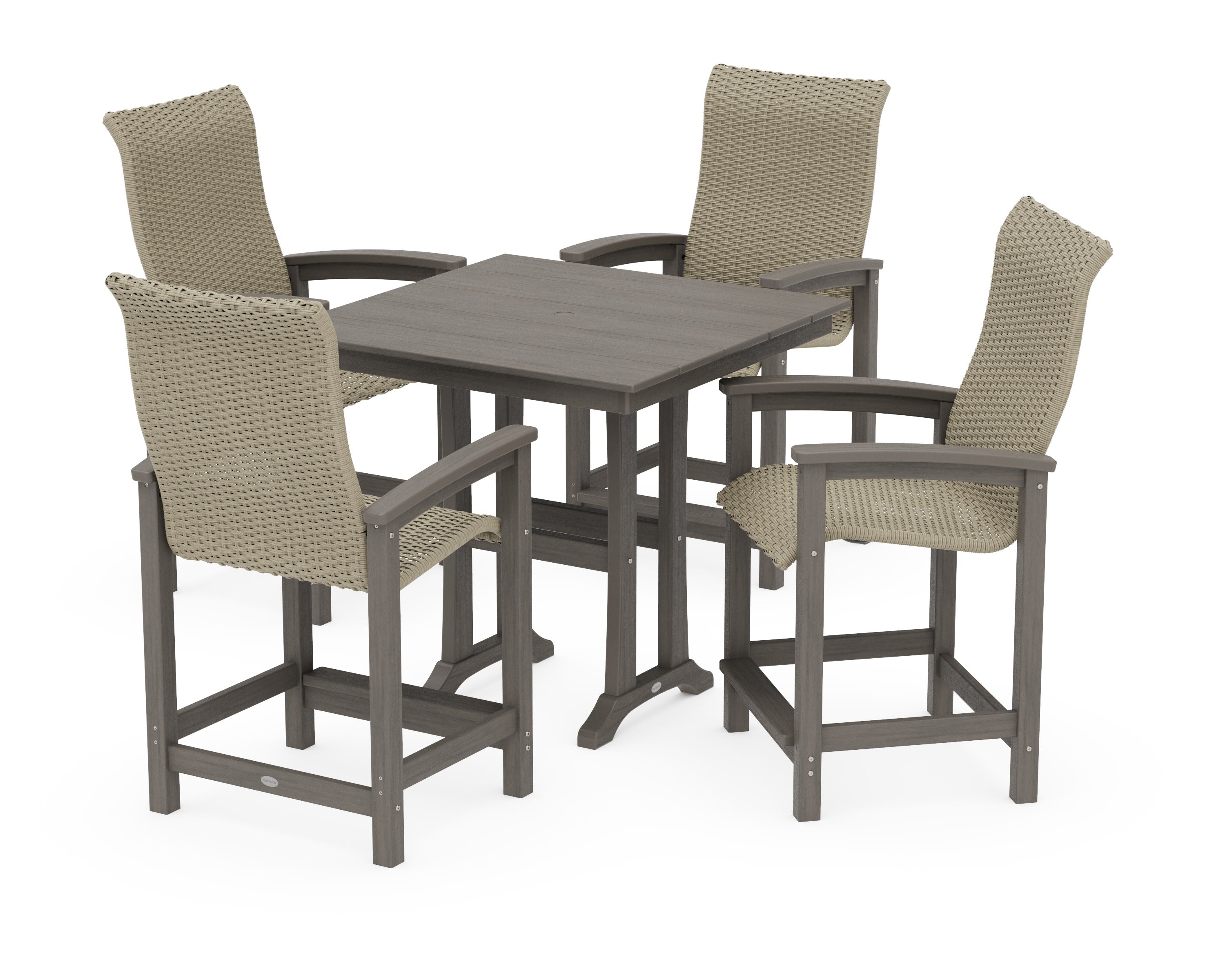 Coastal Woven High-Back 5-Piece Farmhouse Counter Set with Trestle Legs in Driftwood / Dune Grass