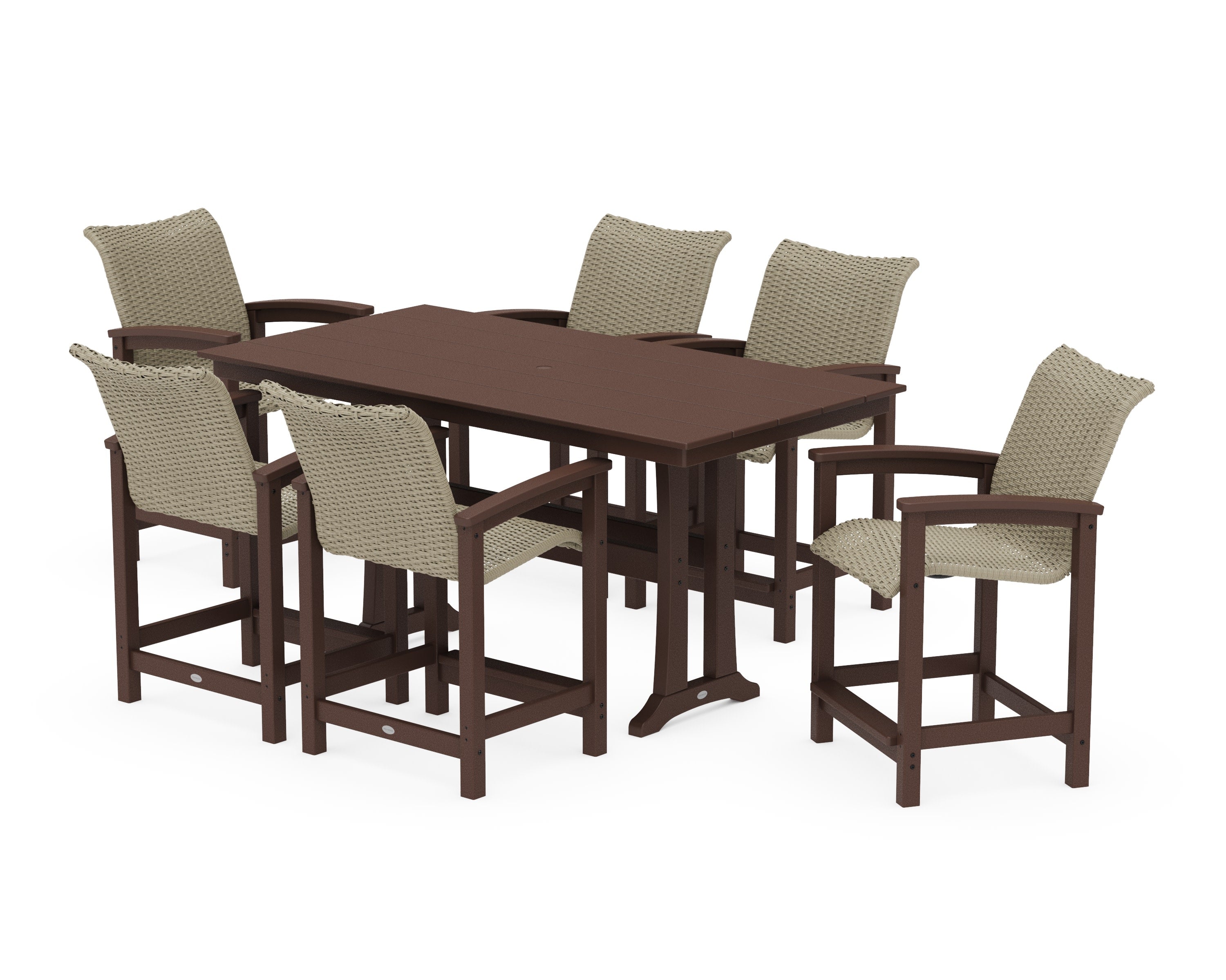Coastal Woven Arm Chair 7-Piece Farmhouse Counter Set with Trestle Legs in Mahogany / Dune Grass