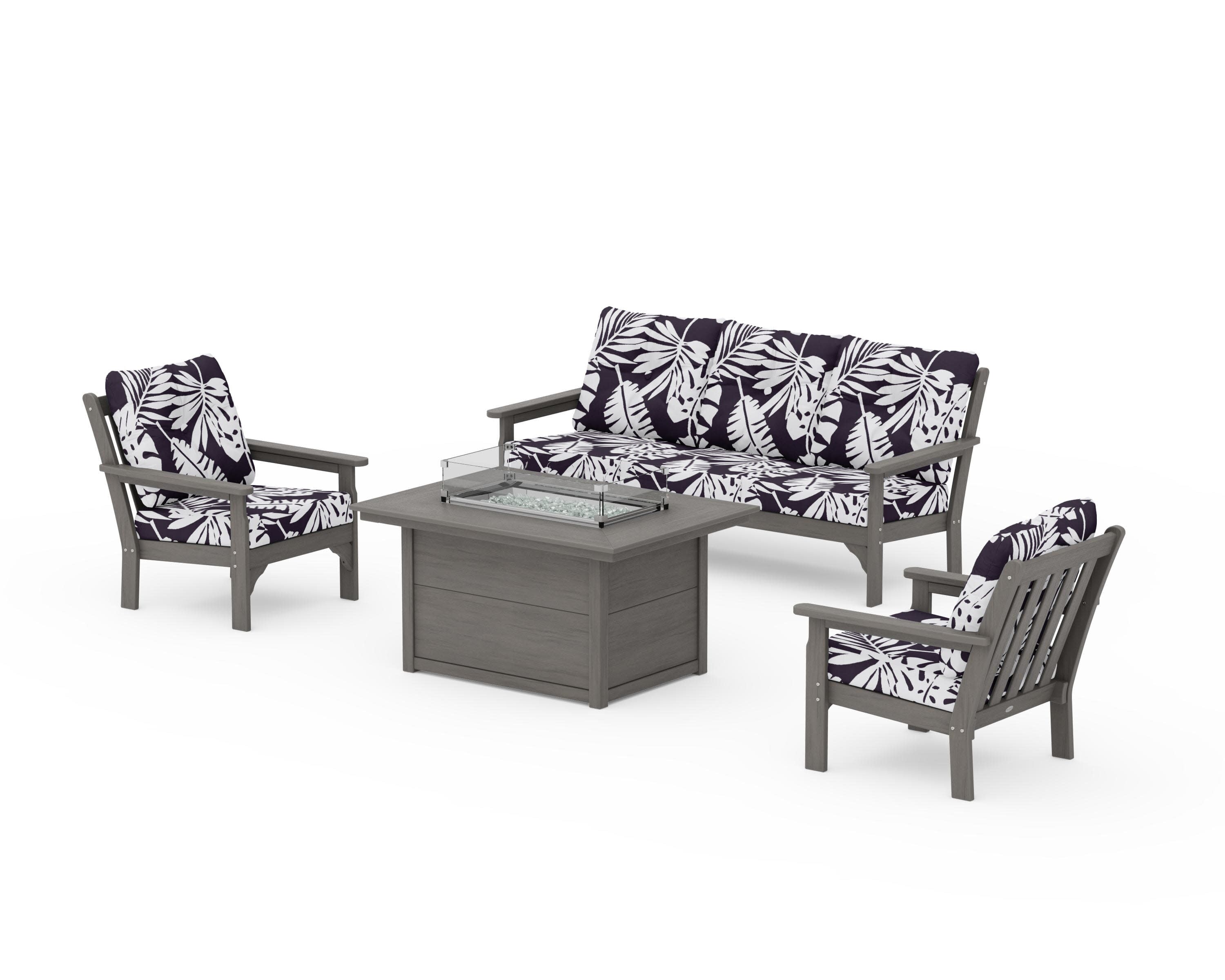 Vineyard Deep Seating Fire Pit Table Set in Driftwood / Leaf Navy