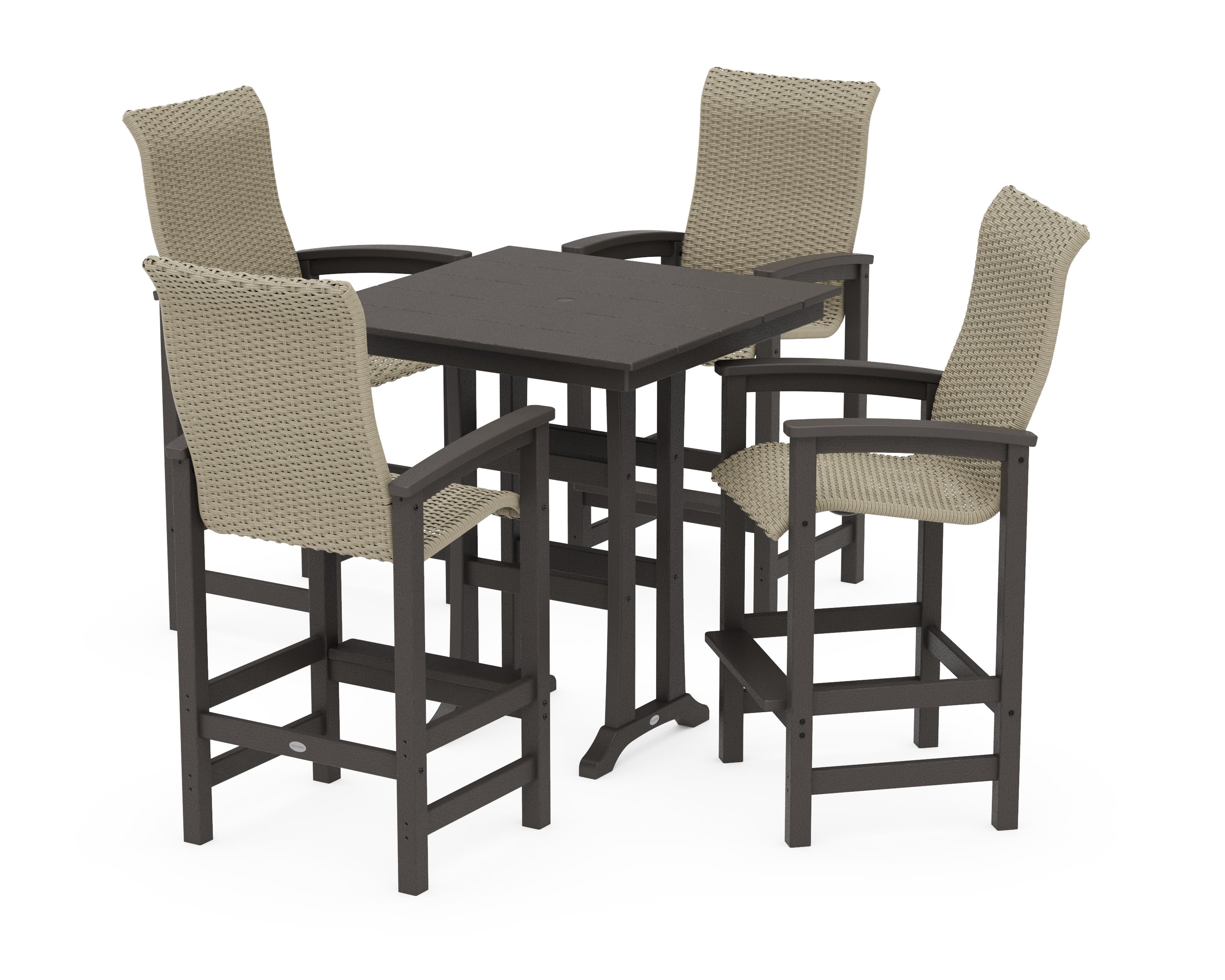Coastal Woven High-Back 5-Piece Farmhouse Bar Set with Trestle Legs in Vintage Coffee / Dune Grass