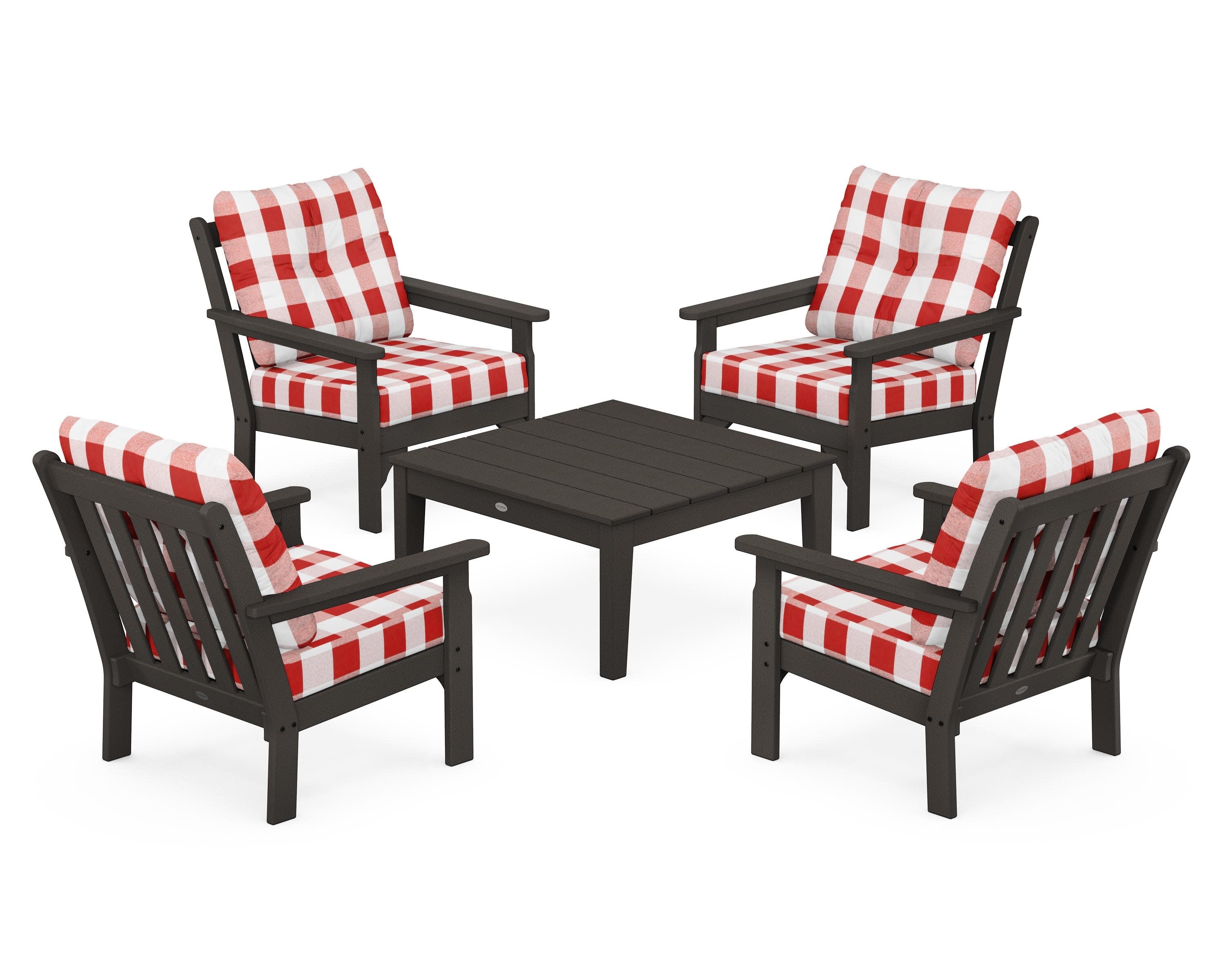 Vineyard 5-Piece Deep Seating Conversation Set in Vintage Coffee / Buffalo Plaid Crimson