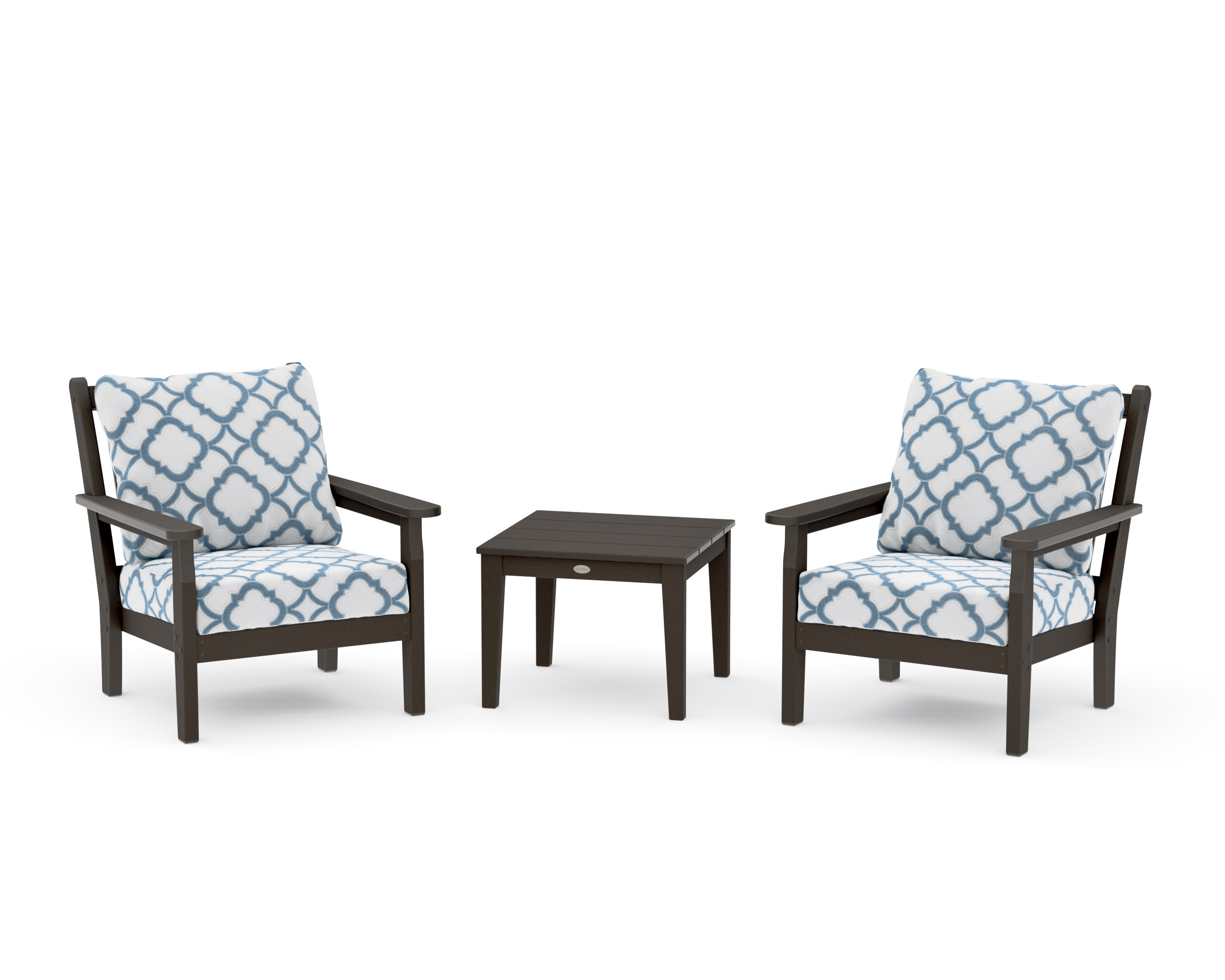 Chippendale 3-Piece Deep Seating Set in Vintage Coffee / Trellis Sky Blue