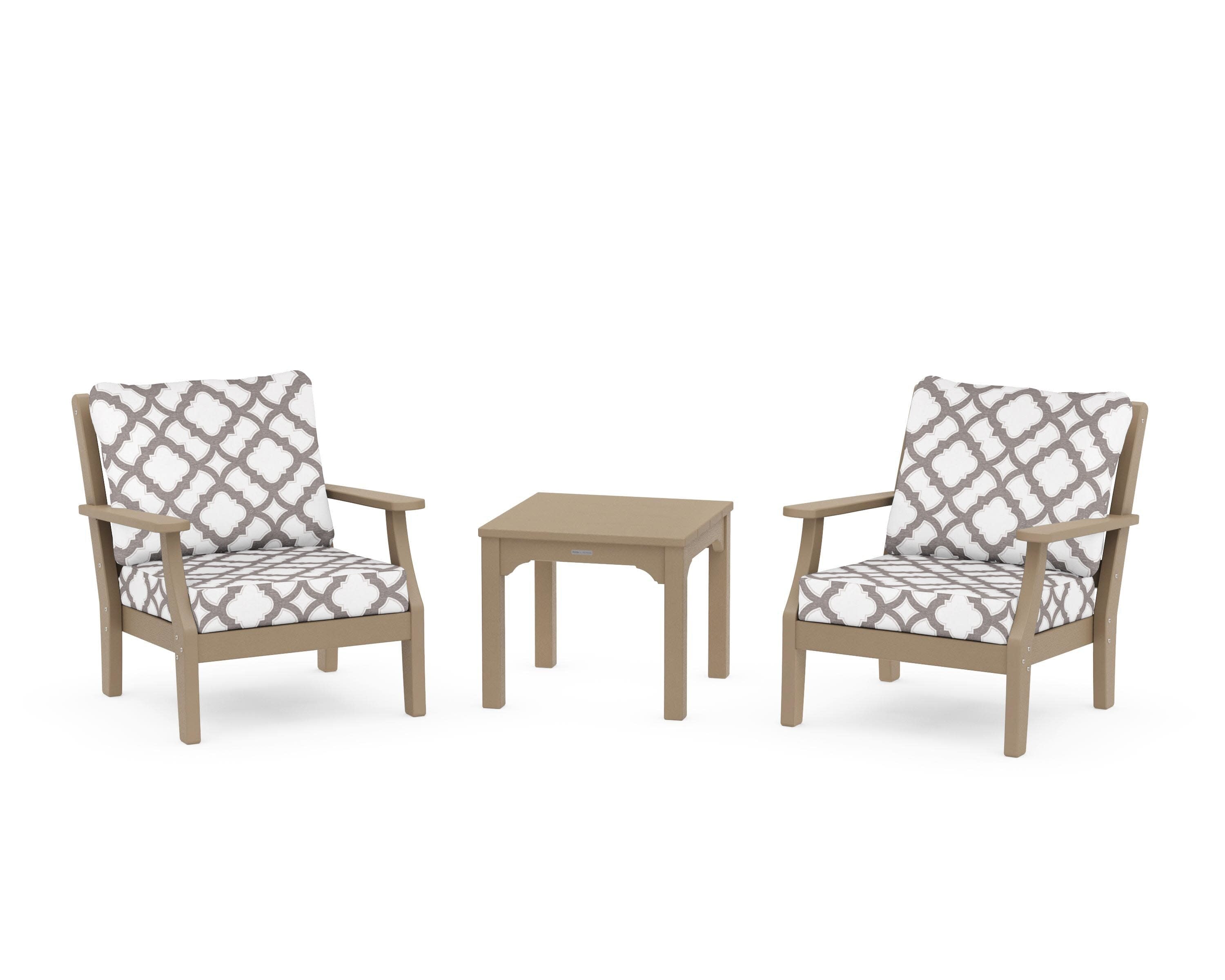 Chinoiserie 3-Piece Deep Seating Set in Vintage Sahara / Trellis Grey Mist