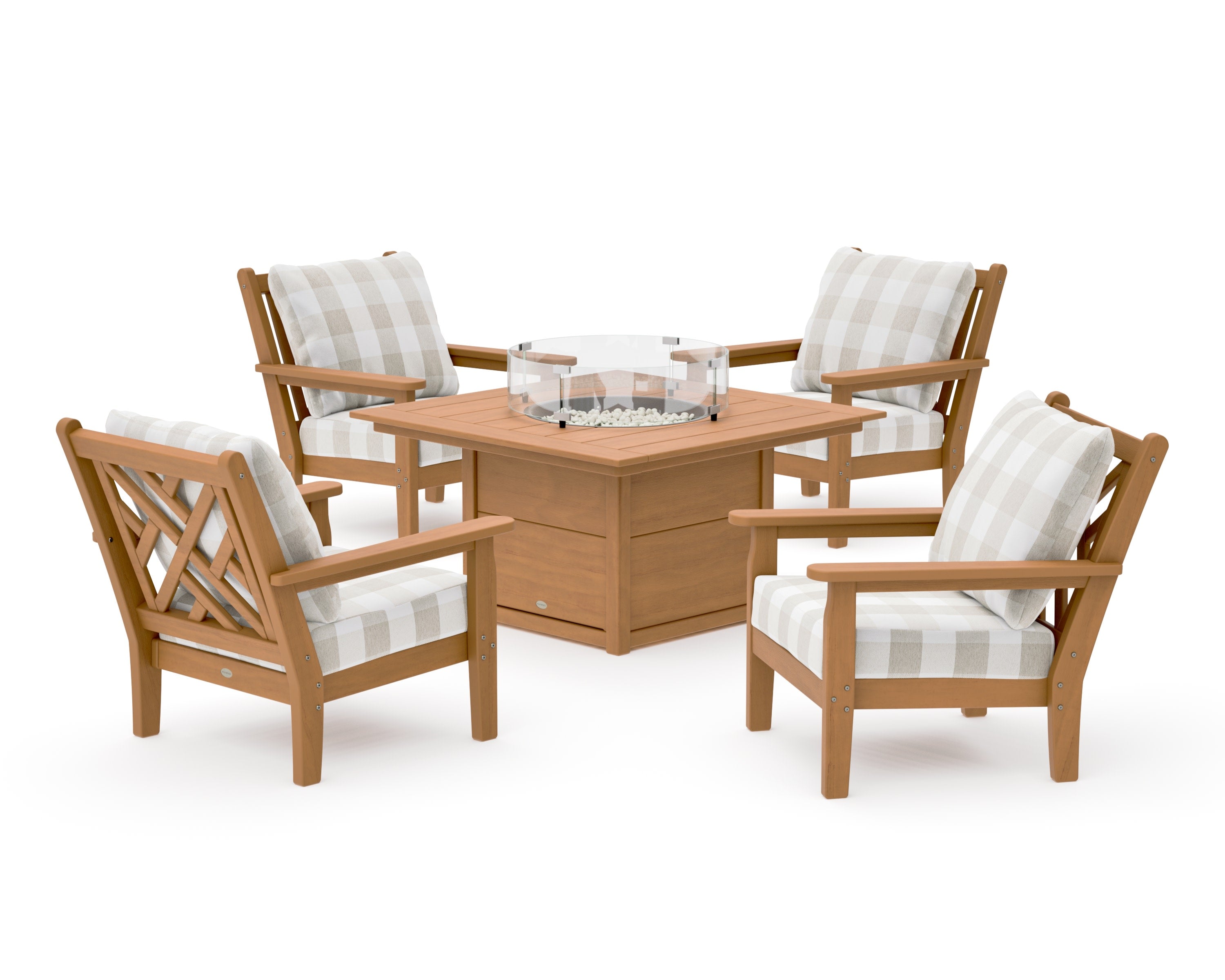 Chippendale 5-Piece Deep Seating Set with Fire Pit Table in Natural / Buffalo Plaid Dune Burlap