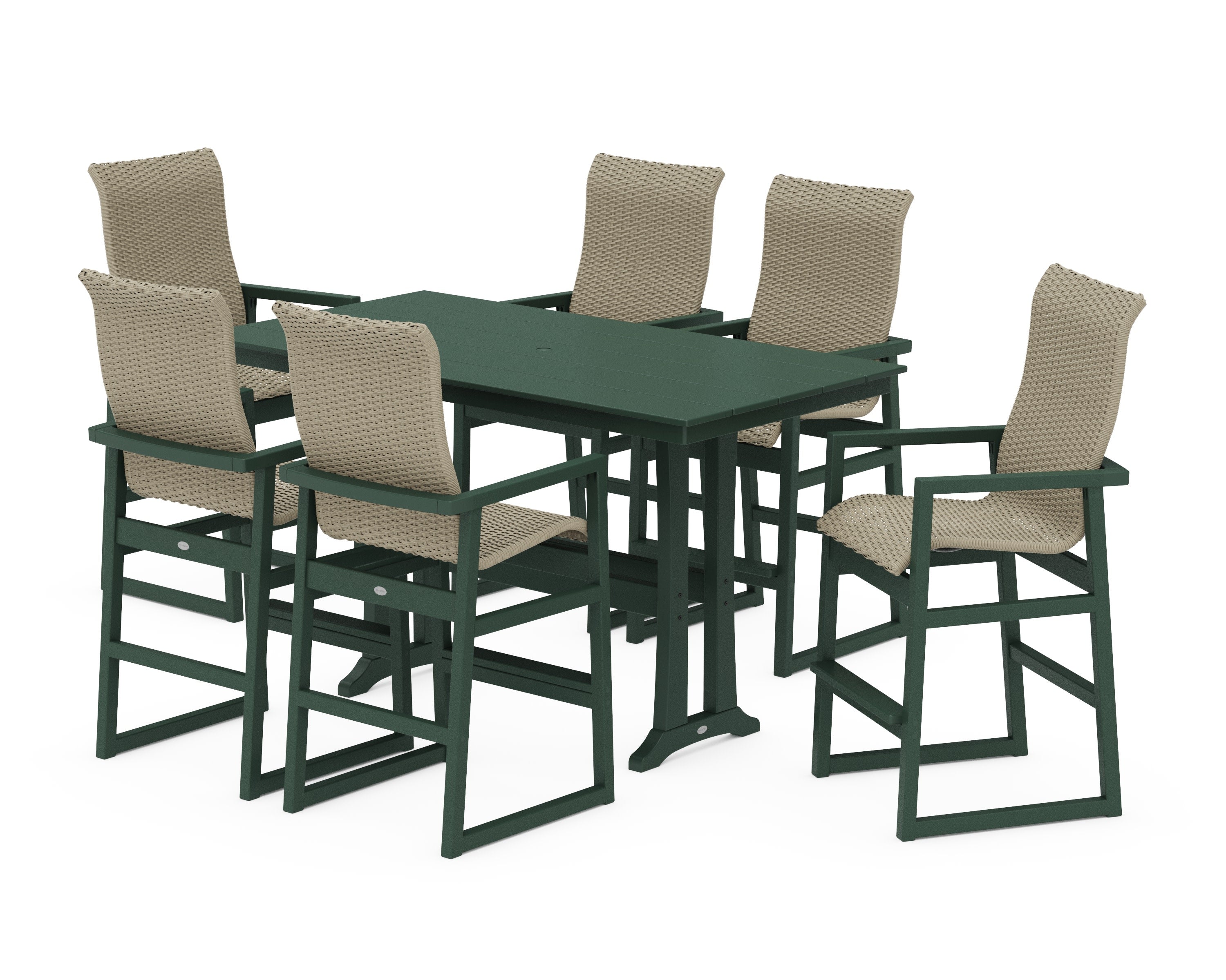 EDGE Woven Highback Arm Chair 7-Piece Farmhouse Bar Set with Trestle Legs in Green / Dune Grass