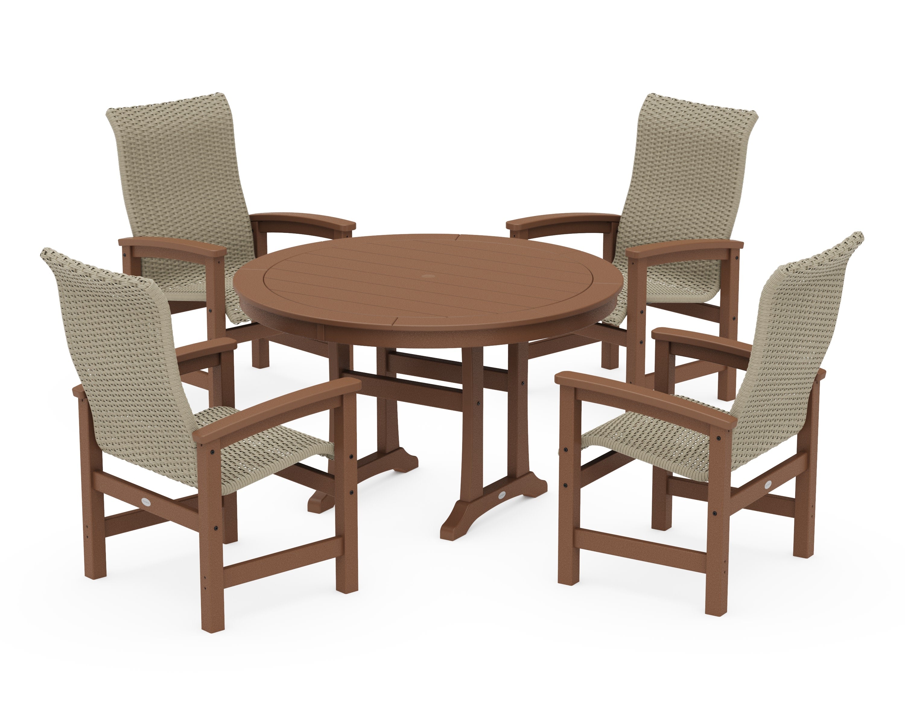 Coastal Woven High-Back 5-Piece Round Dining Set with Trestle Legs in Teak / Dune Grass