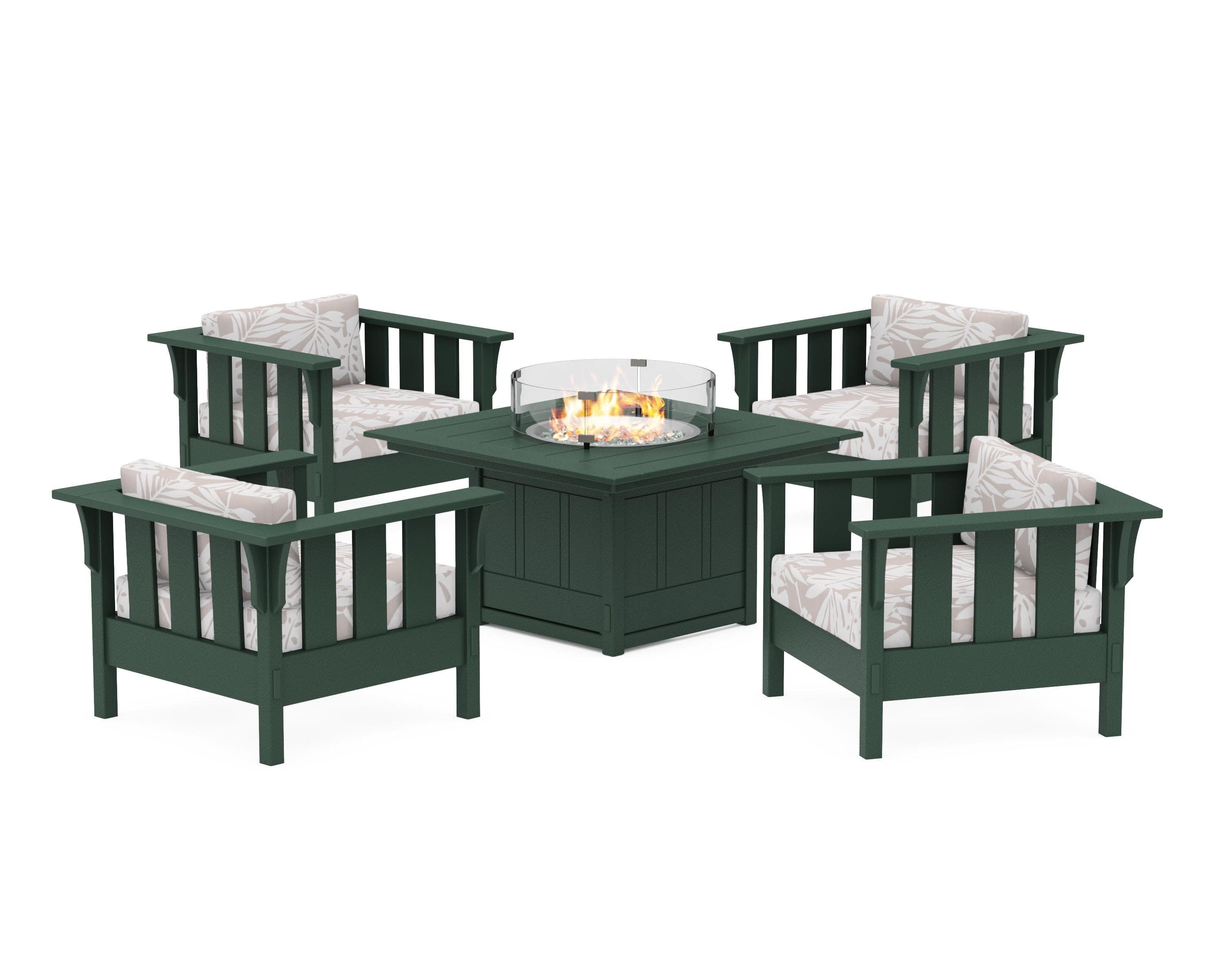 Acadia 5-Piece Deep Seating Set with Fire Pit Table in Green / Leaf Dune Burlap