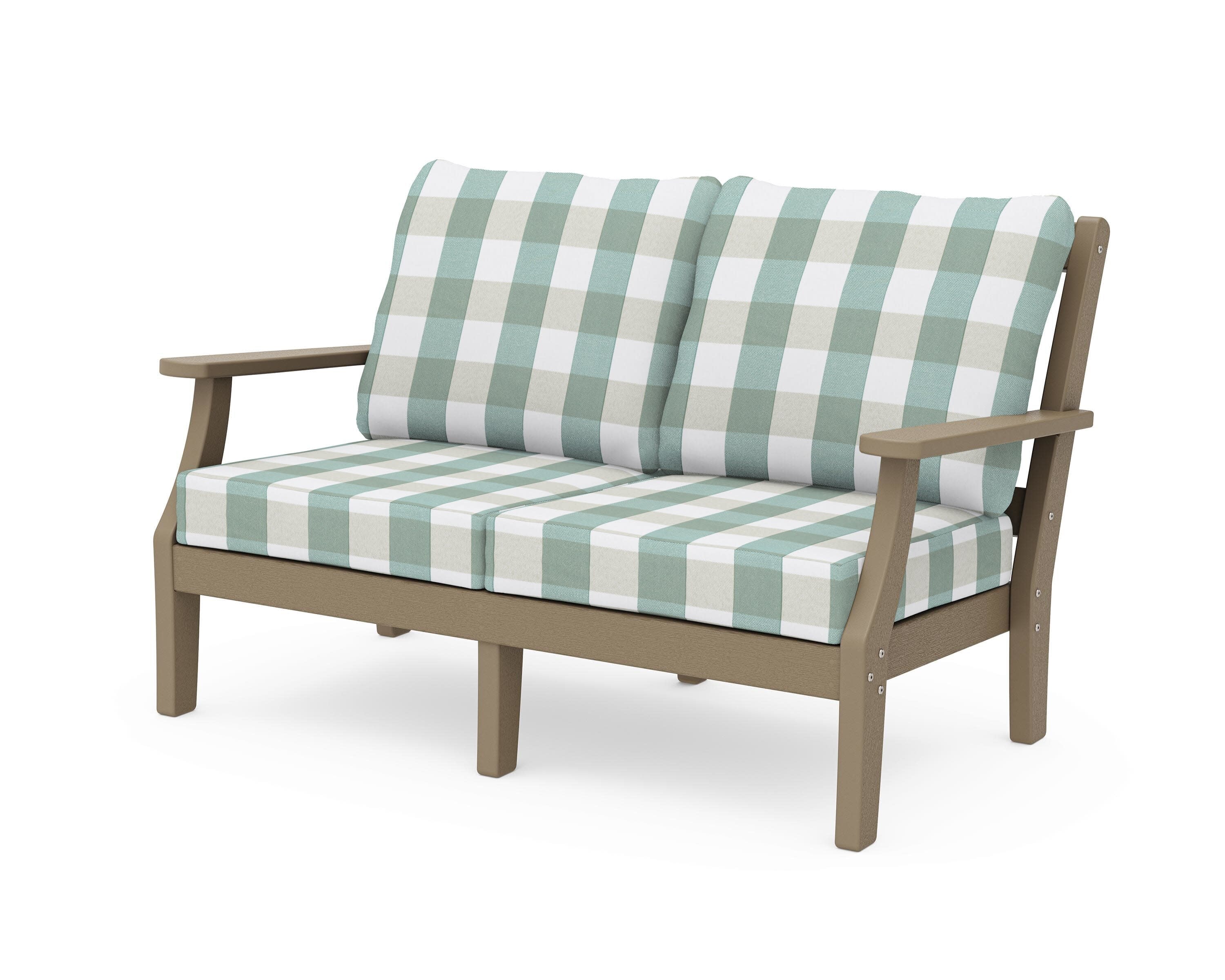Chinoiserie Deep Seating Loveseat in Vintage Sahara / Buffalo Plaid Glacier Spa