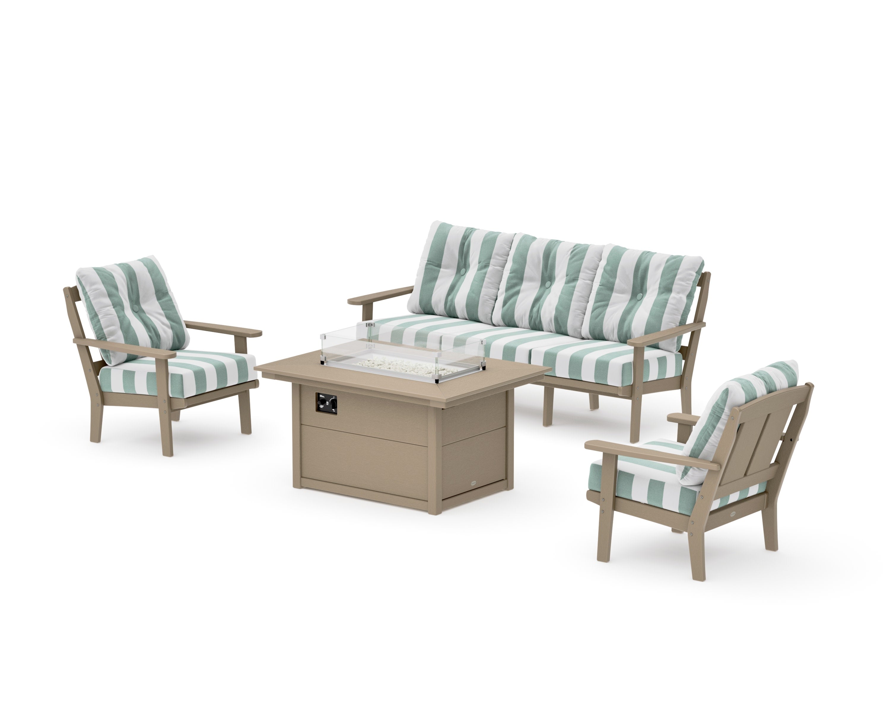 Mission Deep Seating Fire Pit Table Set in Vintage Sahara / Cabana Stripe Glacier Spa