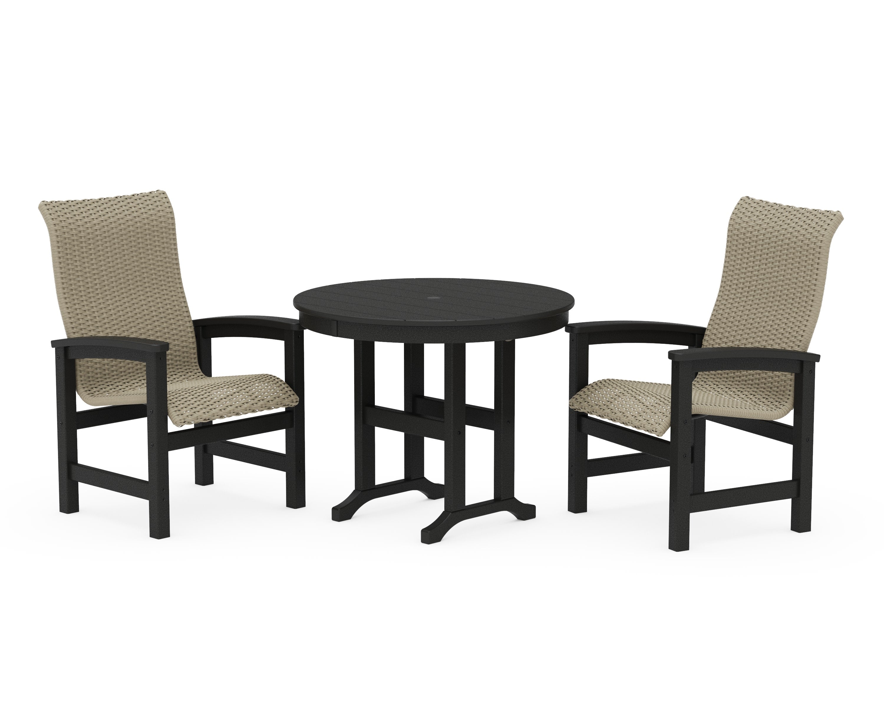 Coastal Woven High-Back 3-Piece Farmhouse Dining Set in Black / Dune Grass