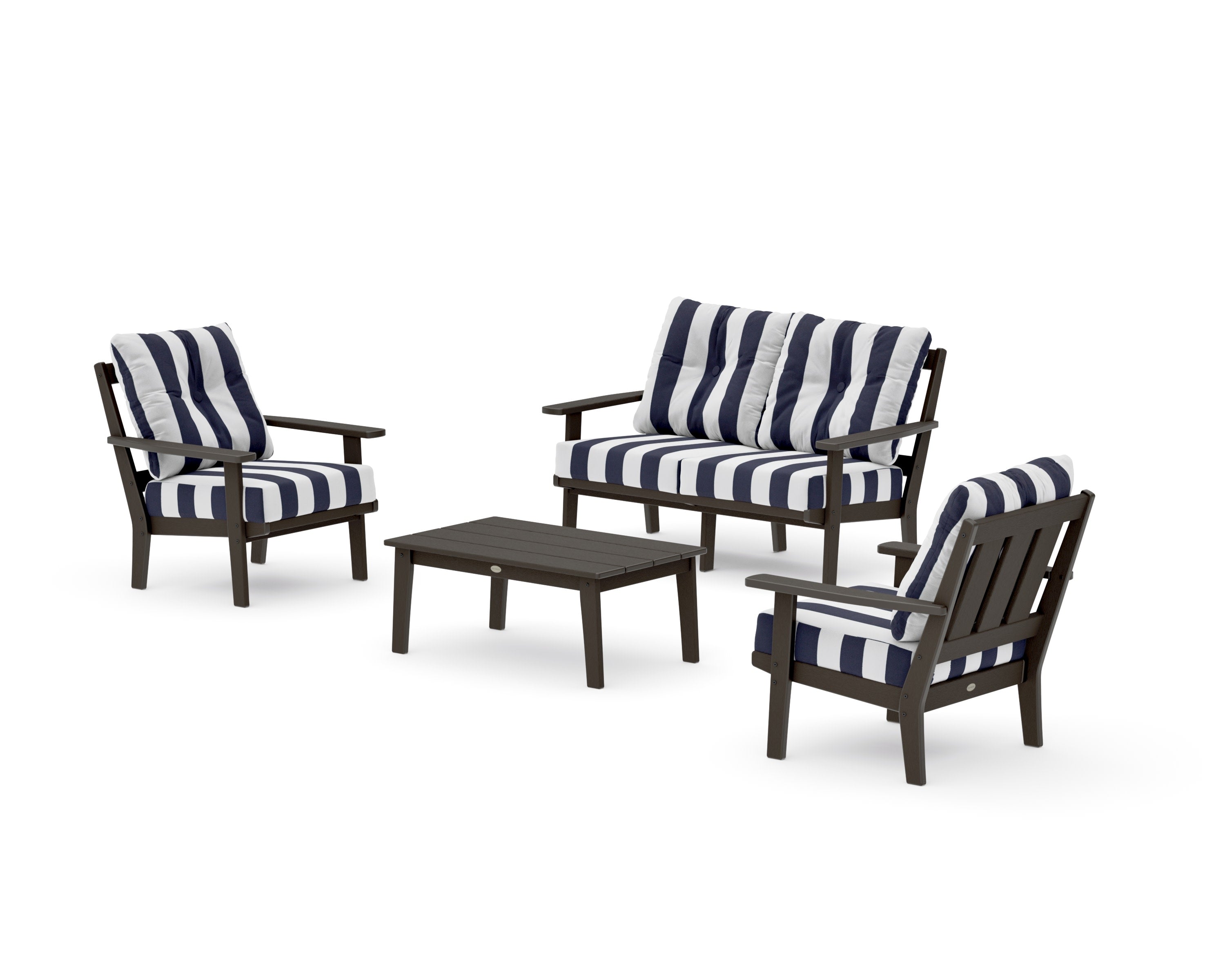 Oxford 4-Piece Deep Seating Set with Loveseat in Vintage Coffee / Cabana Stripe Navy
