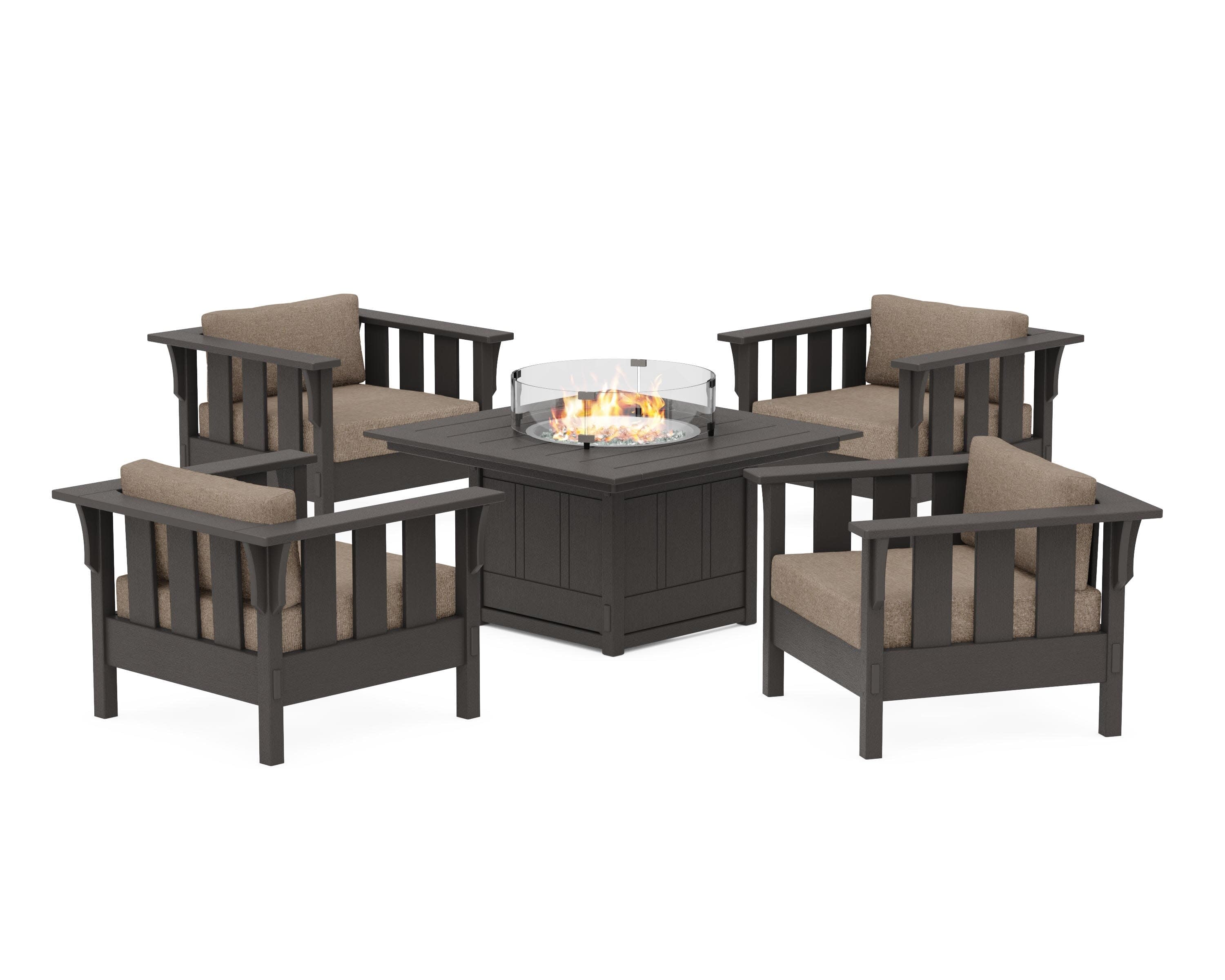 Acadia 5-Piece Deep Seating Set with Fire Pit Table in Vintage Coffee / Spiced Burlap