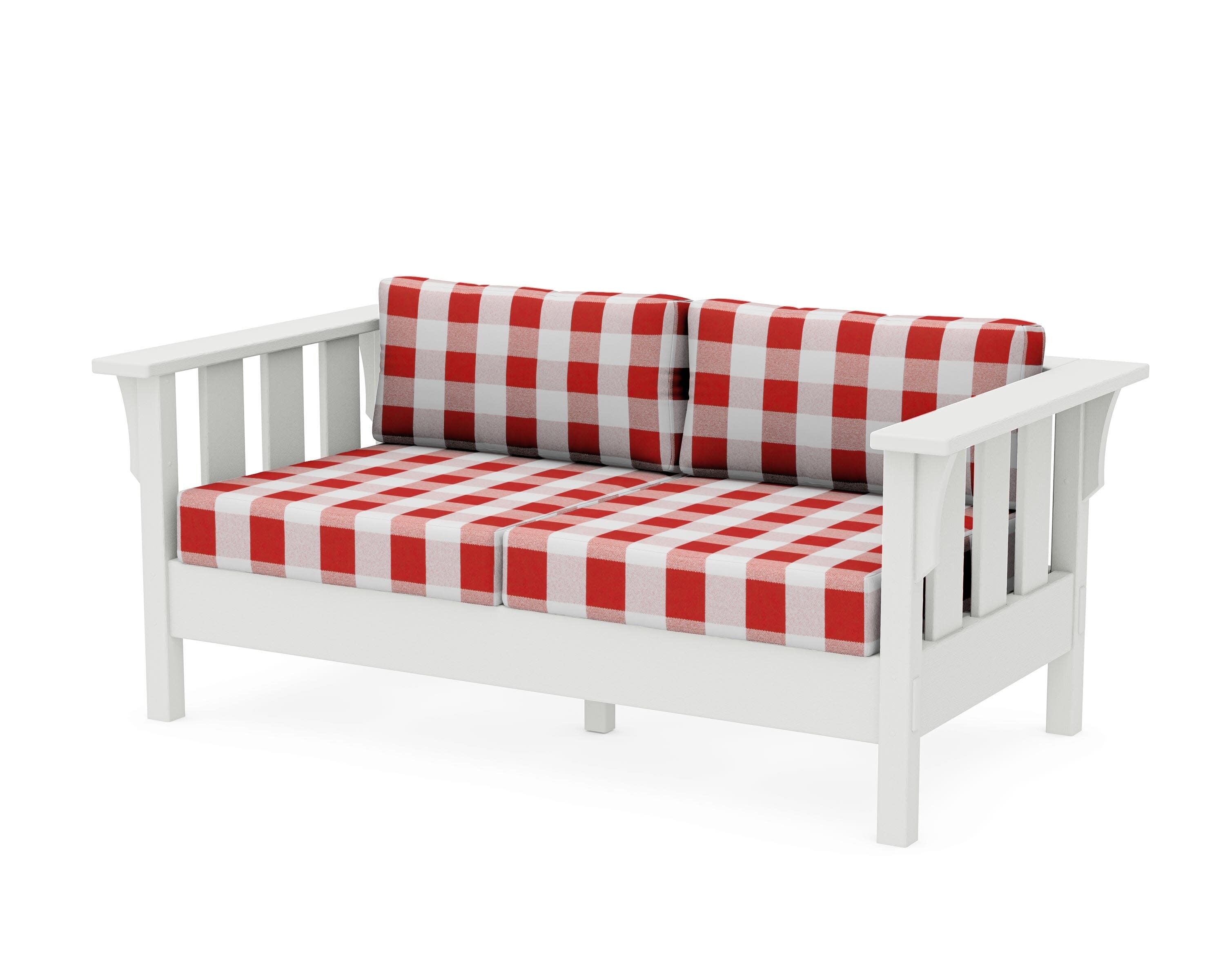 Acadia Deep Seating Loveseat in Vintage White / Buffalo Plaid Crimson