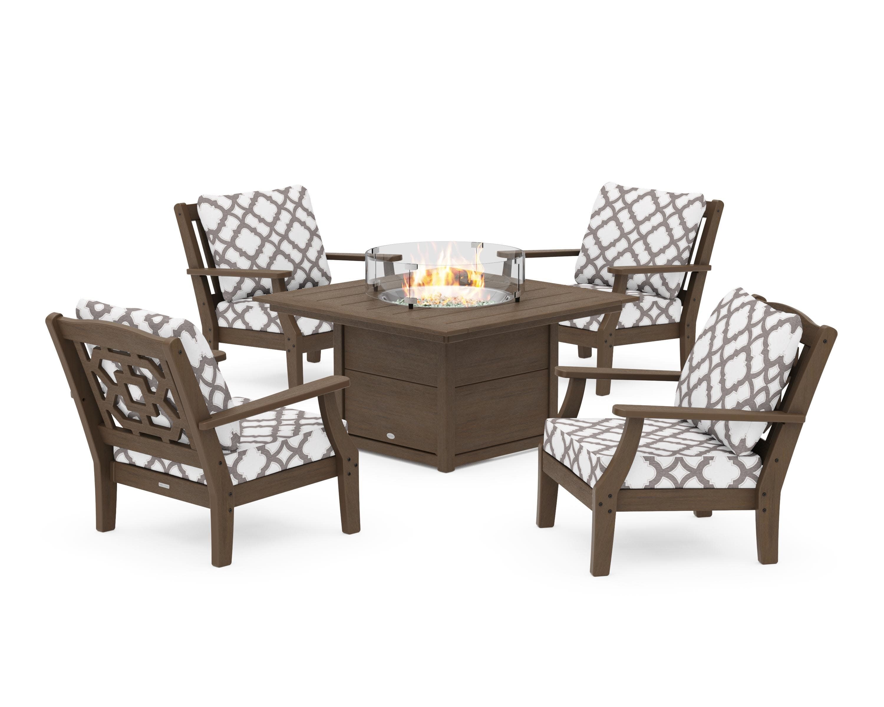 Chinoiserie 5-Piece Deep Seating Set with Fire Pit Table in Kona / Trellis Grey Mist
