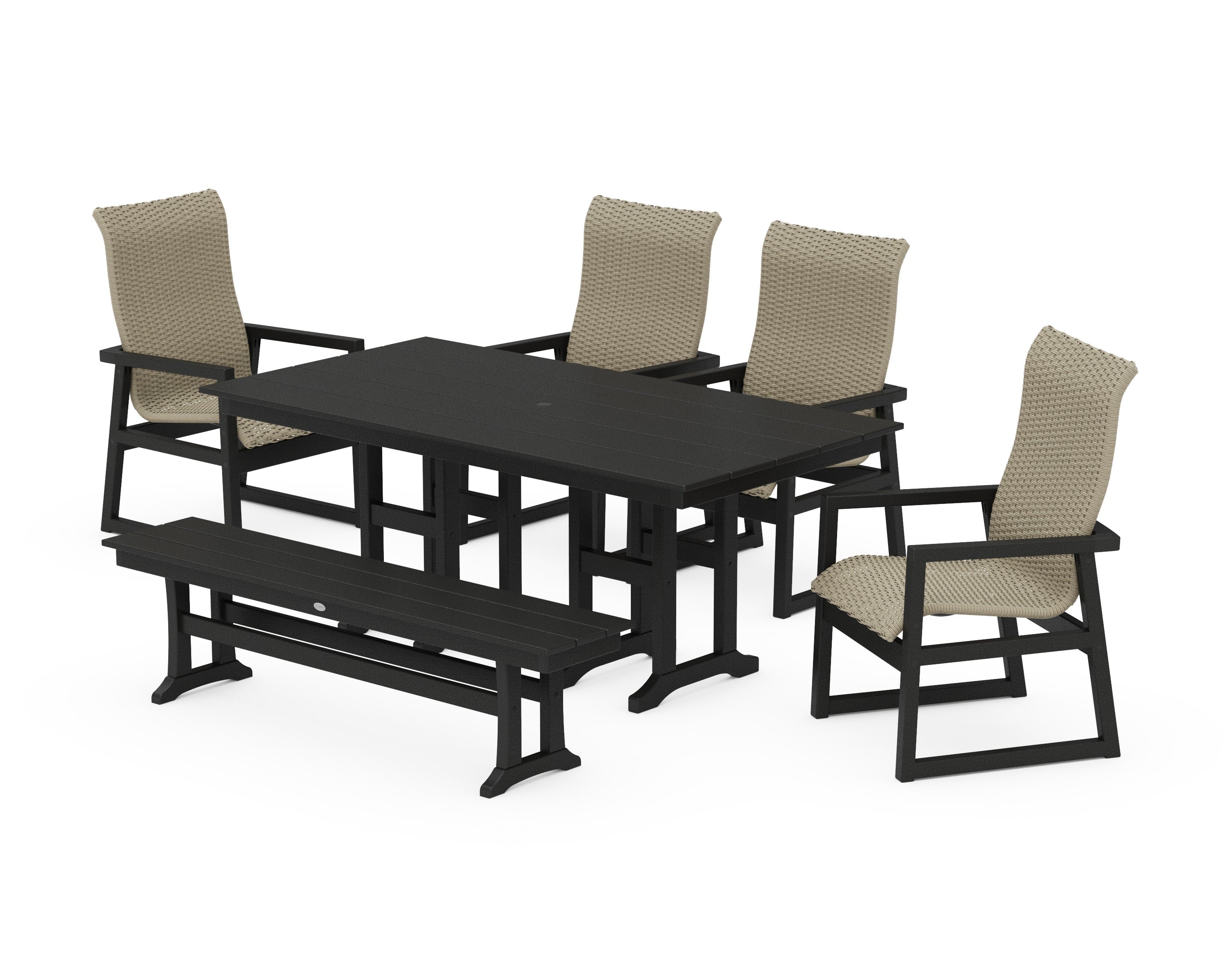 EDGE Woven Highback 6-Piece Farmhouse Dining Set with Bench in Black / Dune Grass