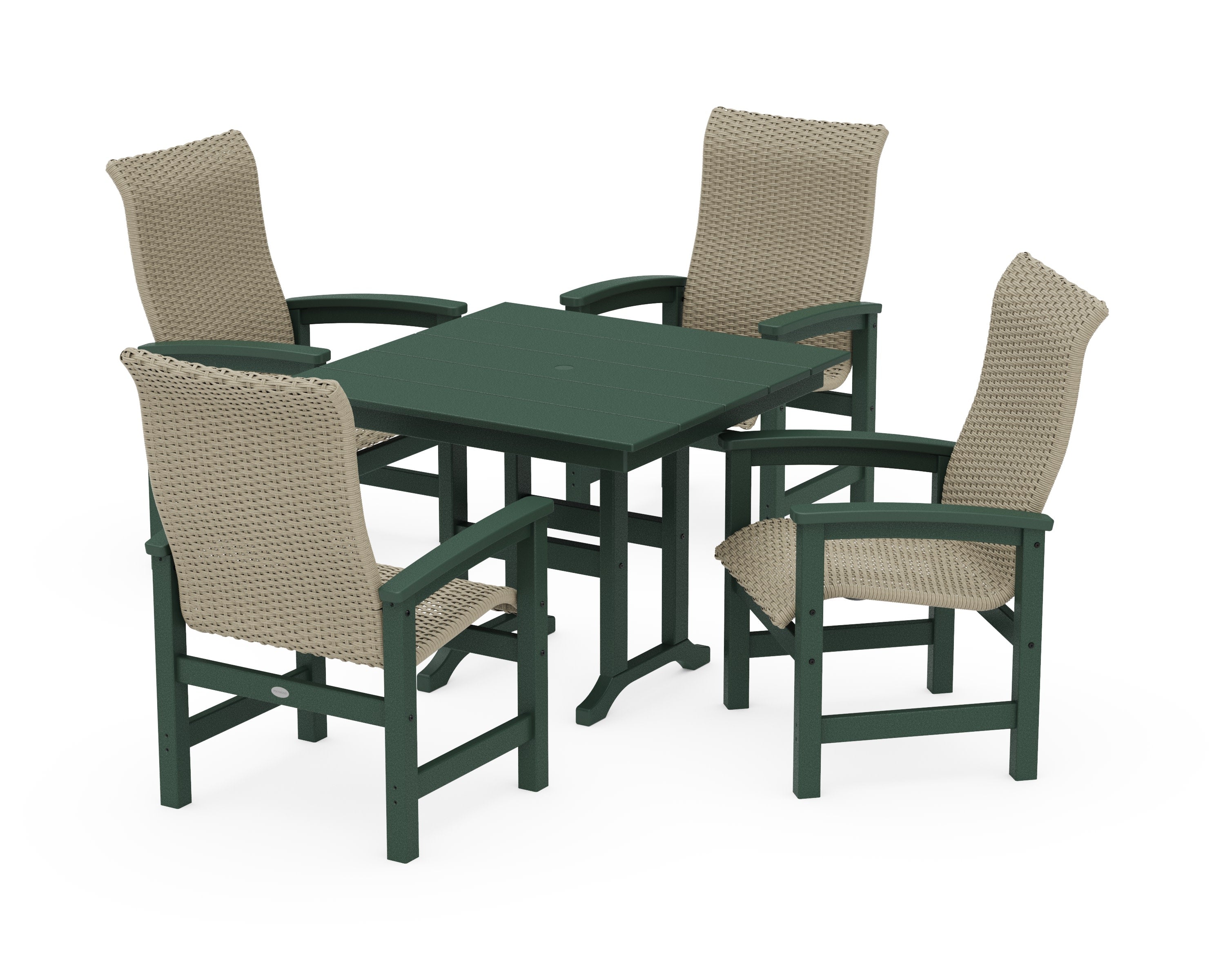 Coastal Woven High-Back 5-Piece Farmhouse Dining Set in Green / Dune Grass