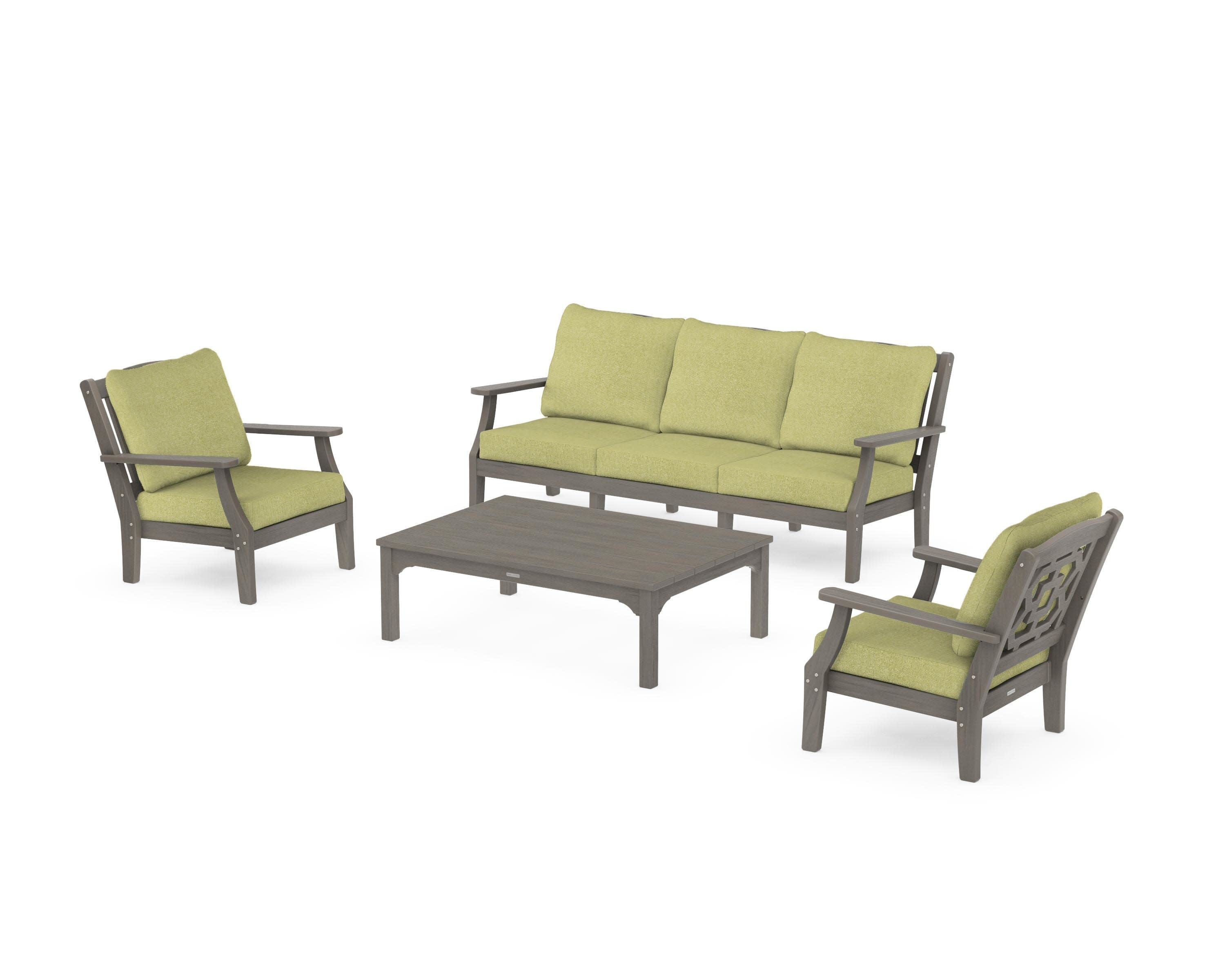 Chinoiserie 4-Piece Deep Seating Set with Sofa in Driftwood / Chartreuse Boucle