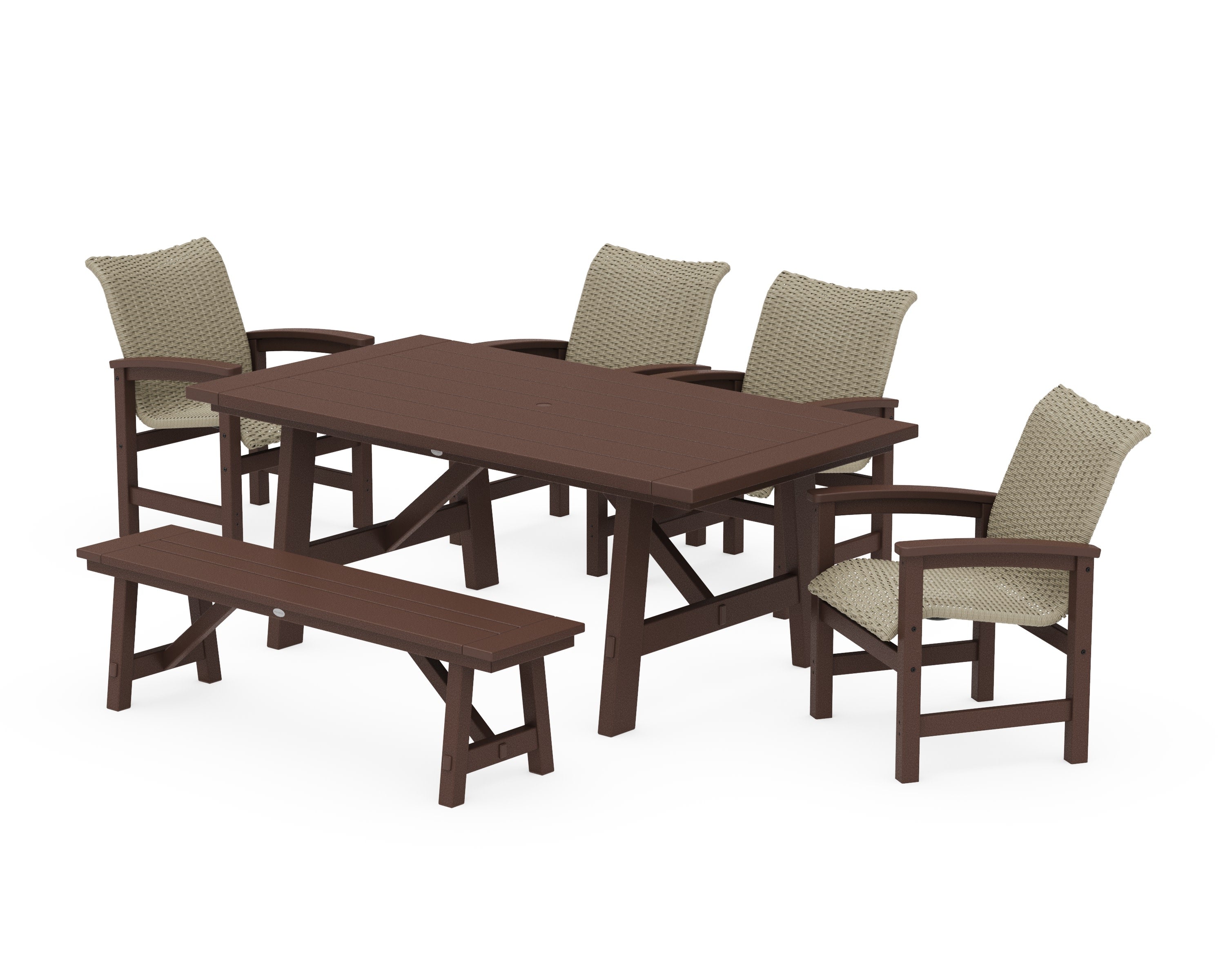 Coastal Woven 6-Piece Rustic Farmhouse Dining Set with Bench in Mahogany / Dune Grass