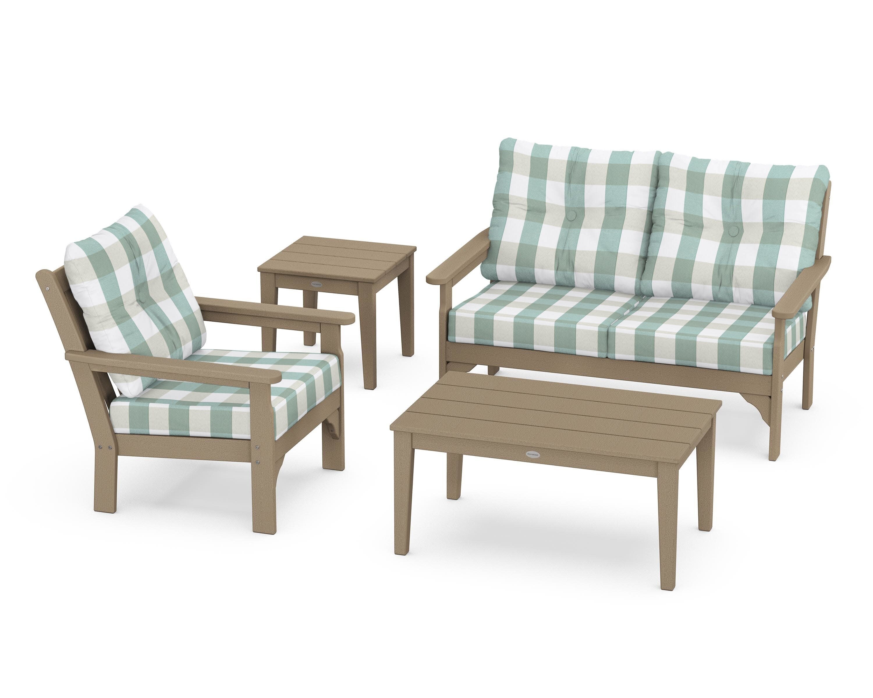 Vineyard 4-Piece Deep Seating Set in Vintage Sahara / Buffalo Plaid Glacier Spa