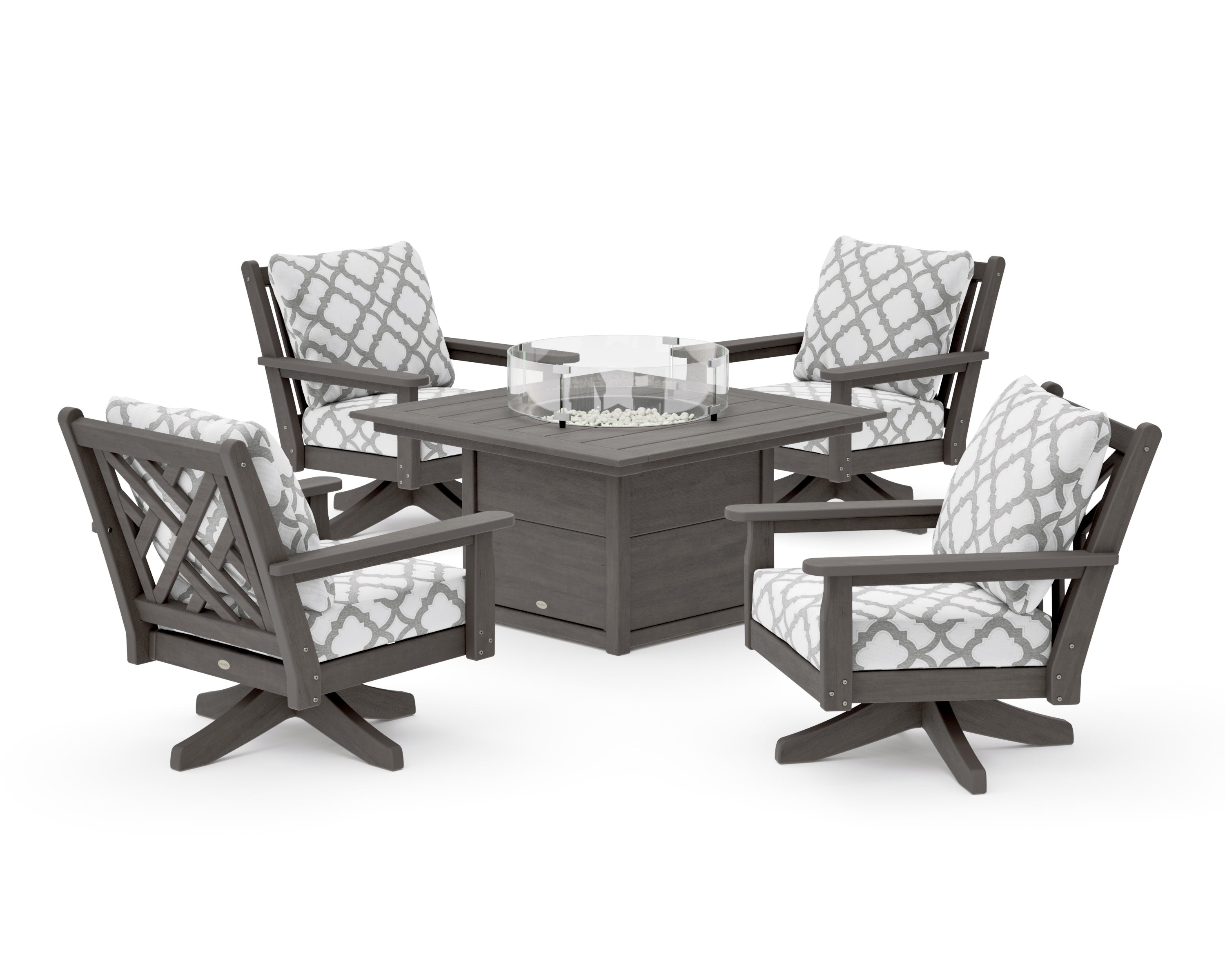 Chippendale 5-Piece Deep Seating Swivel Conversation Set with Fire Pit Table in Driftwood / Trellis Grey Mist