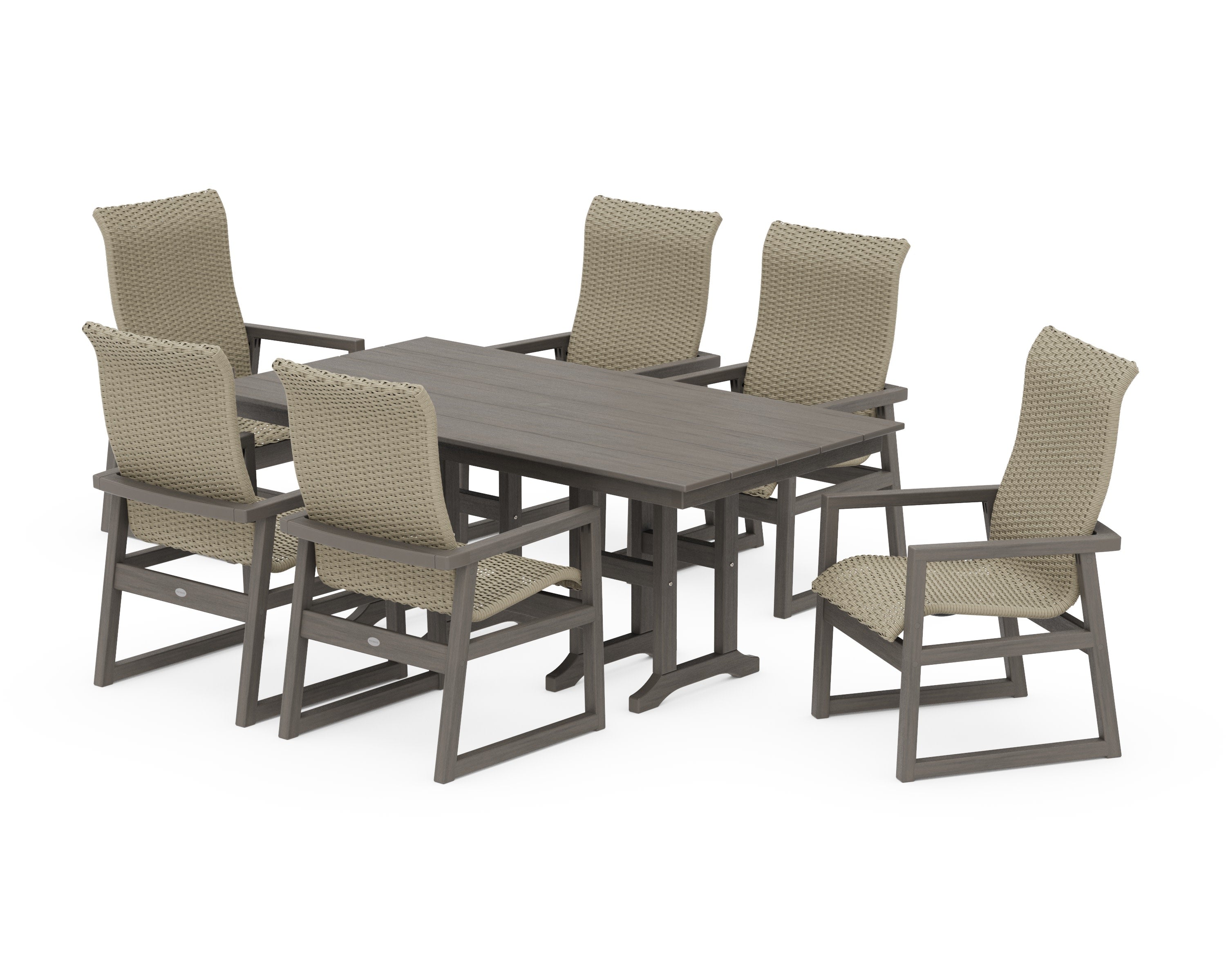 EDGE Woven Highback Arm Chair 7-Piece Farmhouse Dining Set in Driftwood / Dune Grass