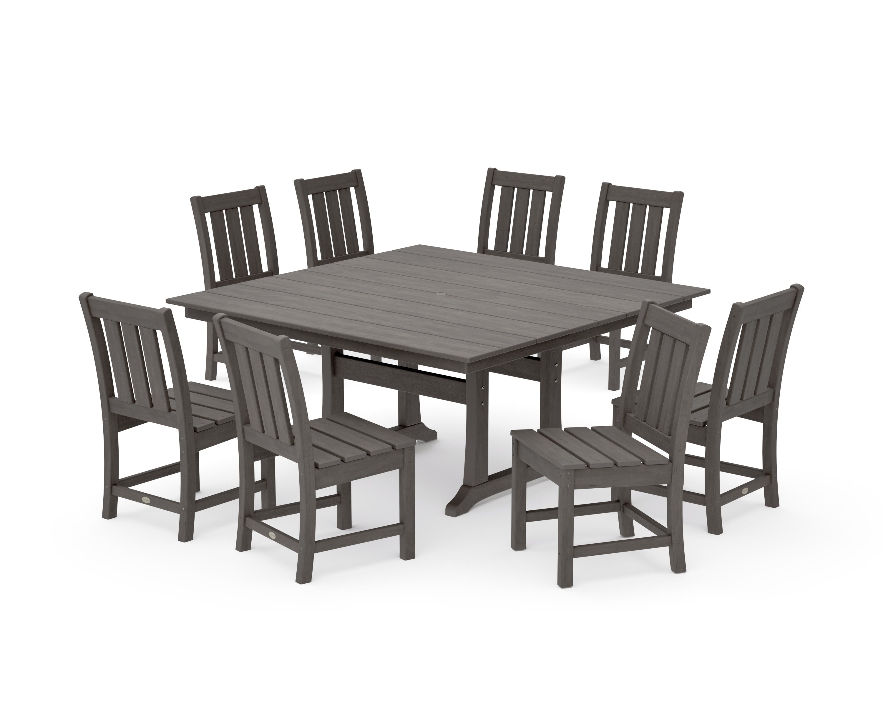 Oxford Side Chair 9-Piece Square Farmhouse Dining Set with Trestle Legs in Driftwood