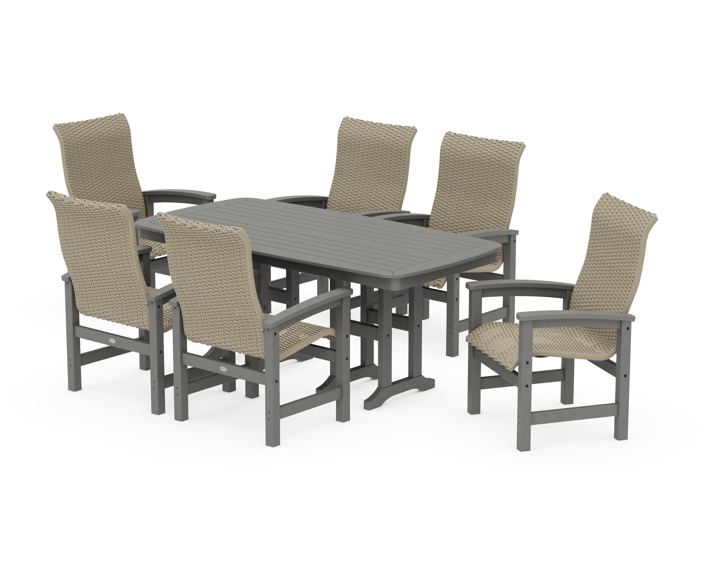 Coastal Woven High-Back Arm Chair 7-Piece Dining Set in Slate Grey / Dune Grass