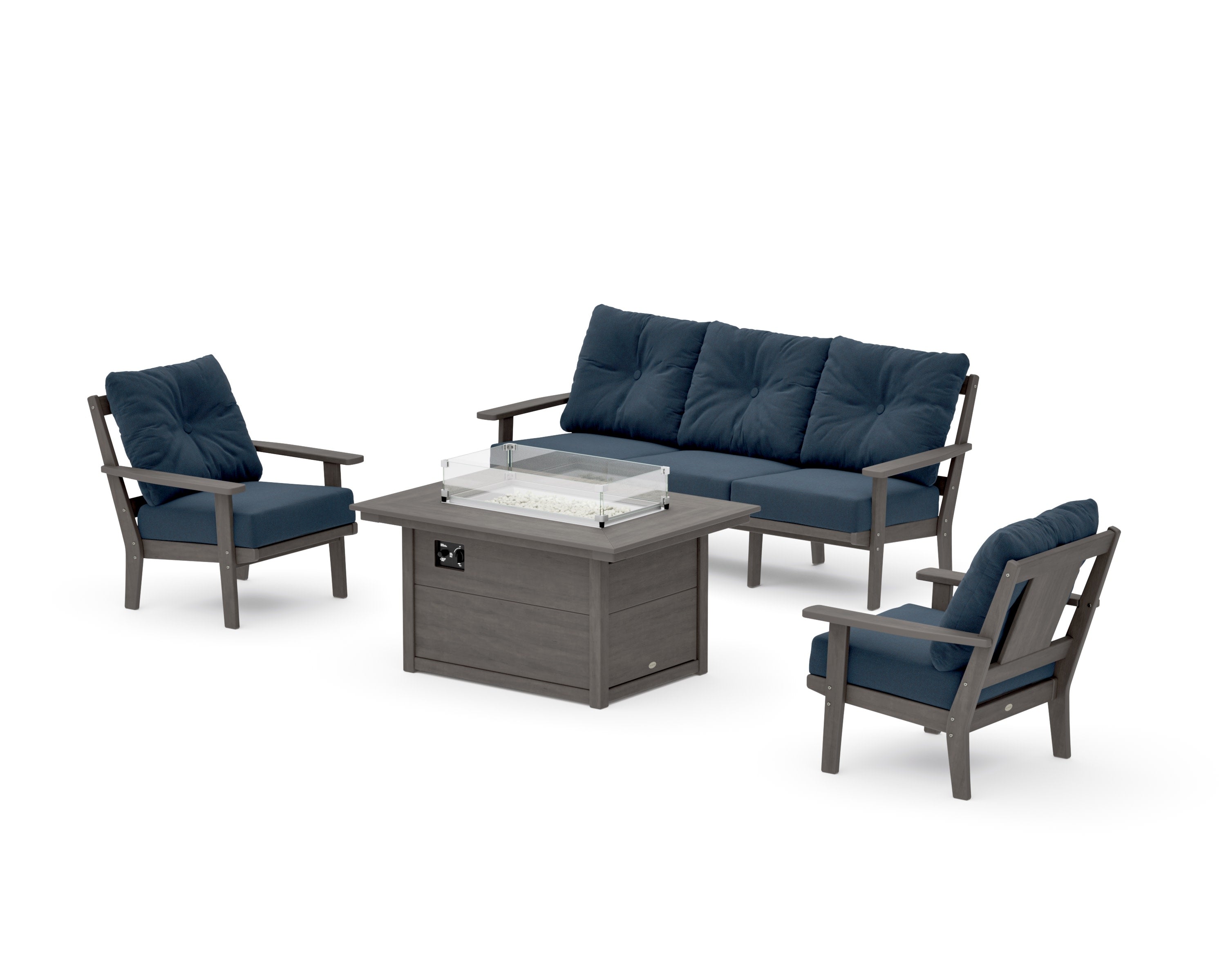 Prairie Deep Seating Fire Pit Table Set in Driftwood / Marine Indigo