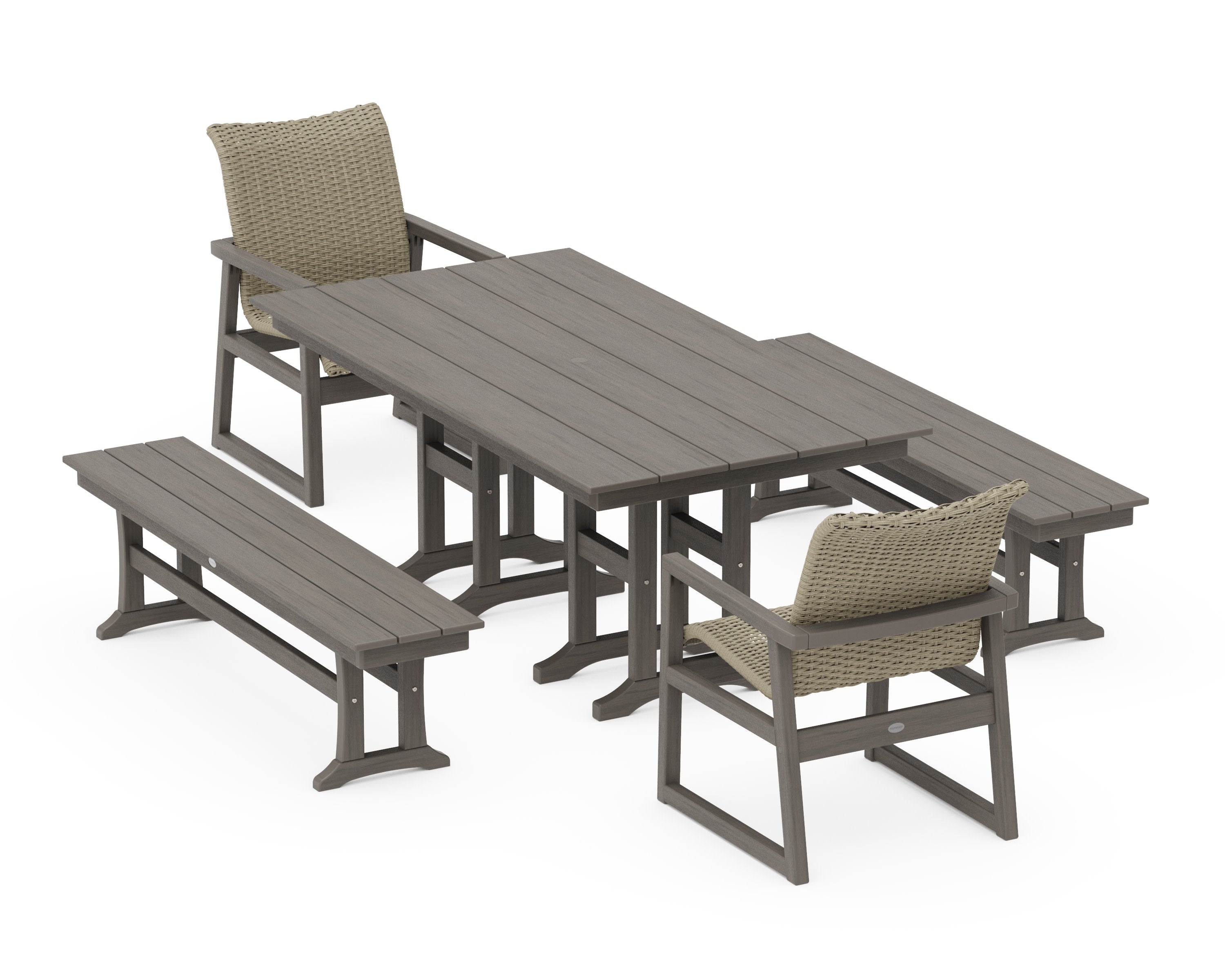EDGE Woven 5-Piece Farmhouse Dining Set with Benches in Driftwood / Dune Grass