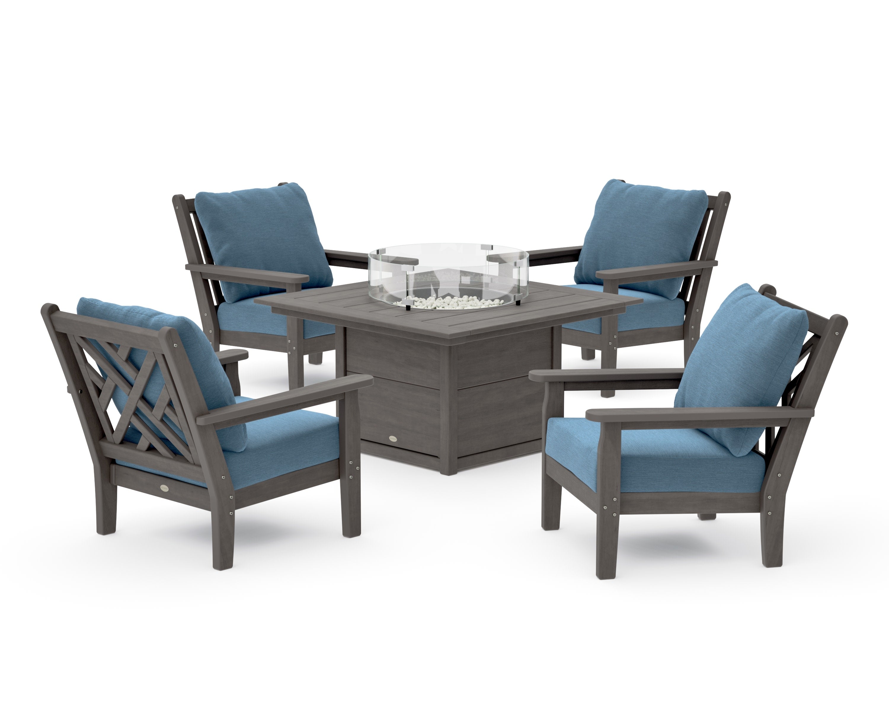Chippendale 5-Piece Deep Seating Set with Fire Pit Table in Driftwood / Sky Blue