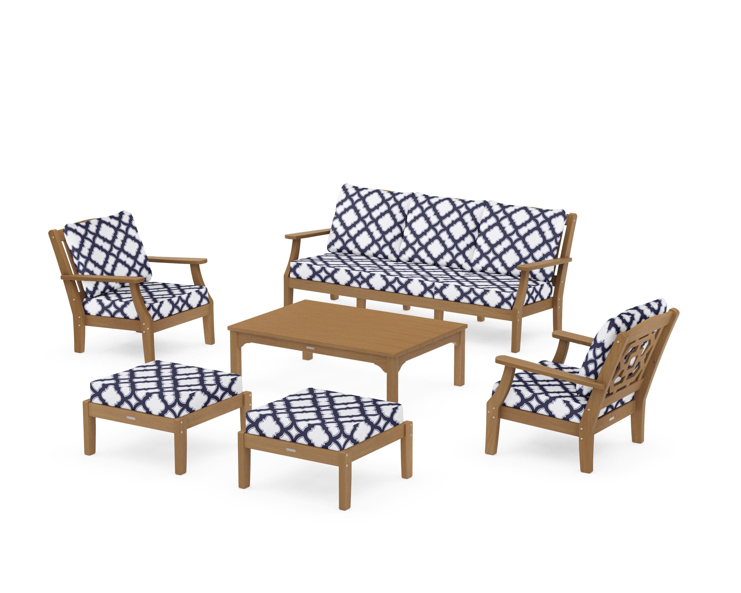 Chinoiserie 6-Piece Lounge Sofa Set in Natural / Trellis Navy