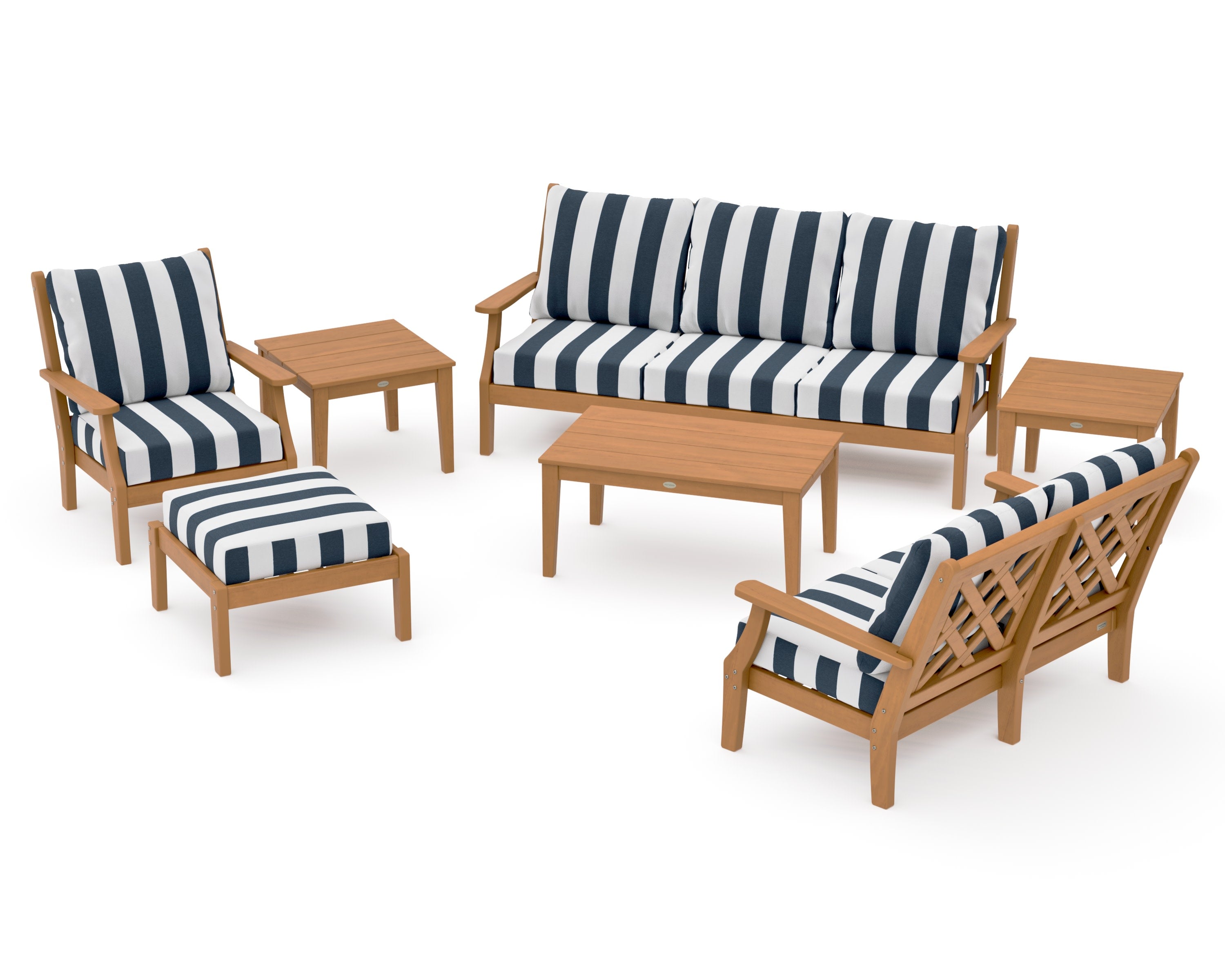 Wovendale 7-Piece Deep Seating Set in Natural / Cabana Stripe Marine Indigo
