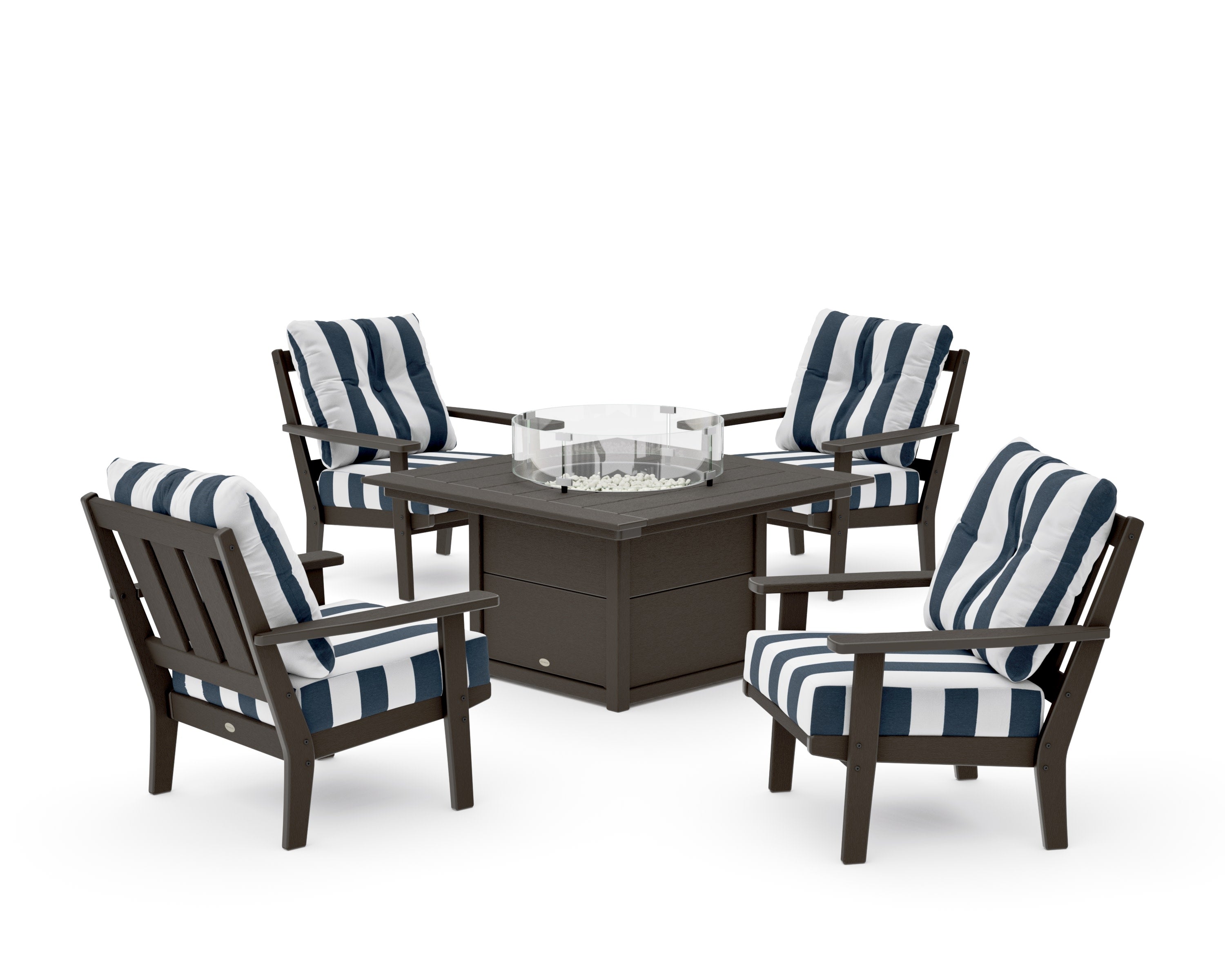 Oxford 5-Piece Deep Seating Set with Fire Pit Table in Vintage Coffee / Cabana Stripe Marine Indigo