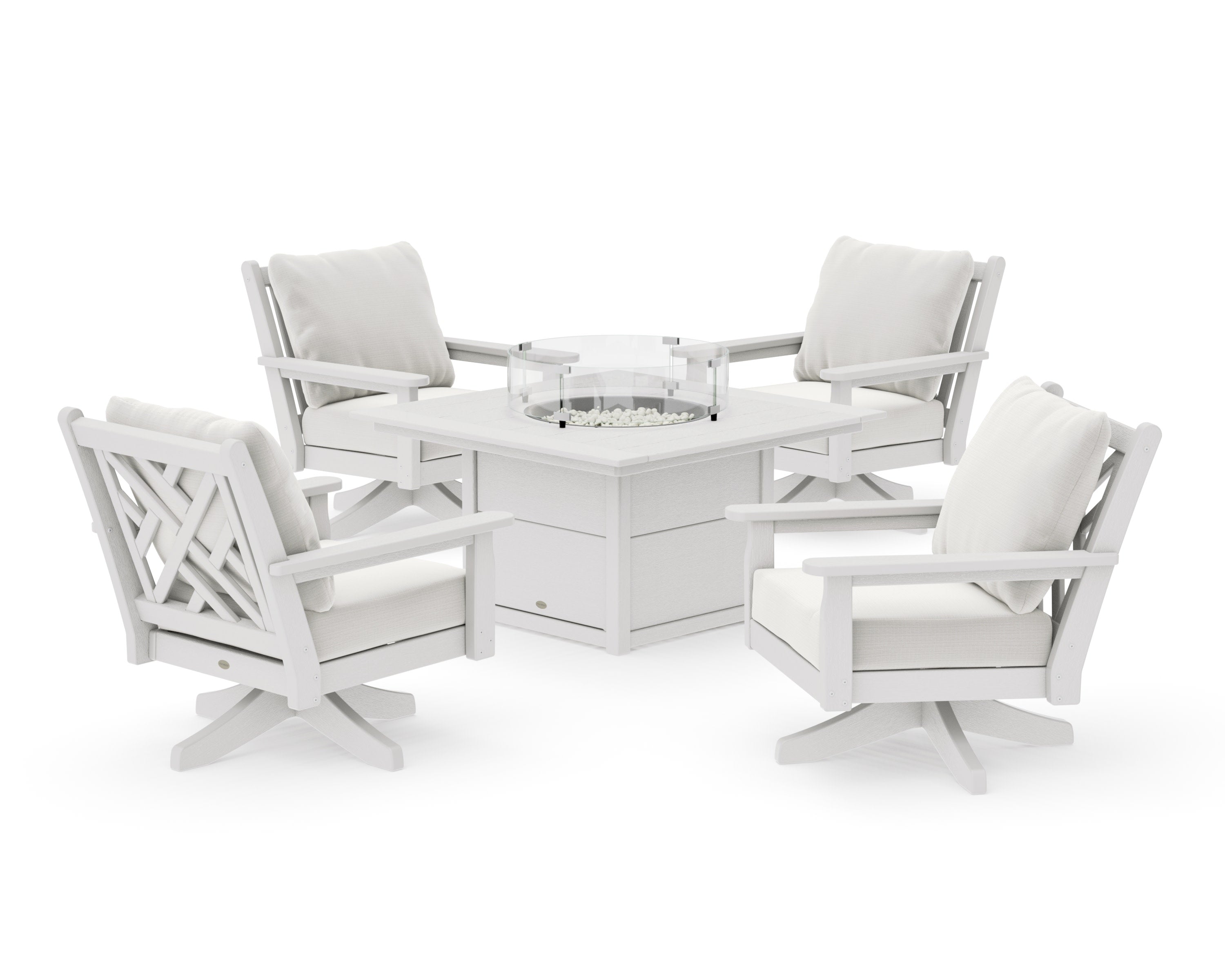 Chippendale 5-Piece Deep Seating Swivel Conversation Set with Fire Pit Table in Vintage White / Natural Linen