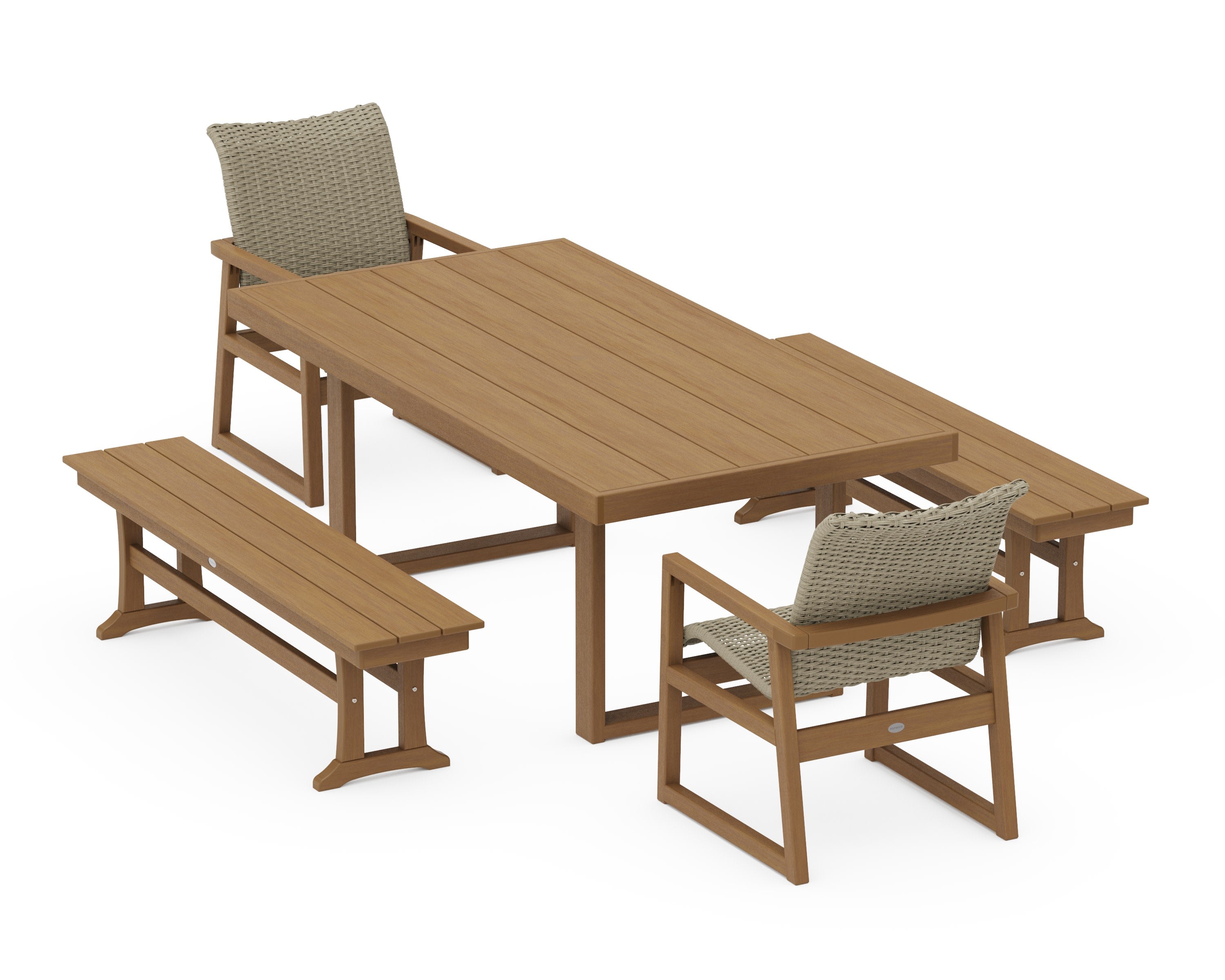 EDGE Woven 5-Piece Dining Set with Benches in Natural / Dune Grass